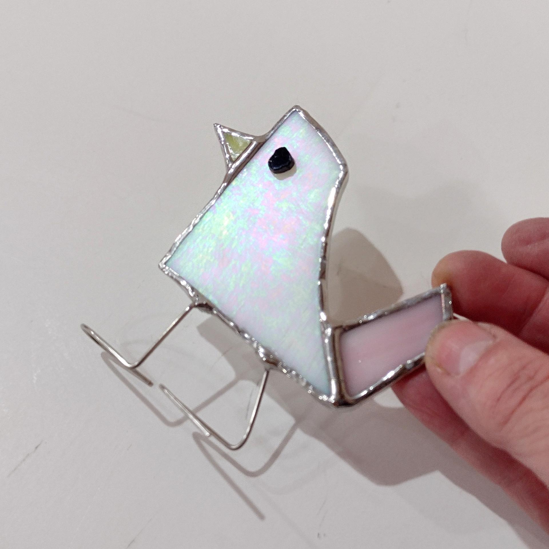 Stained Glass Standing Bird, Funky Glass Bird, White Iridescent Bird Suncatcher