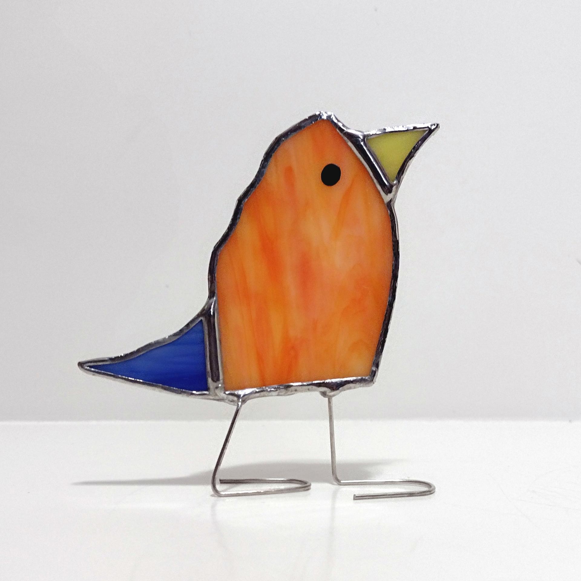Stained Glass Standing Bird, Funky Glass Bird, Orange and Blue Bird Suncatcher