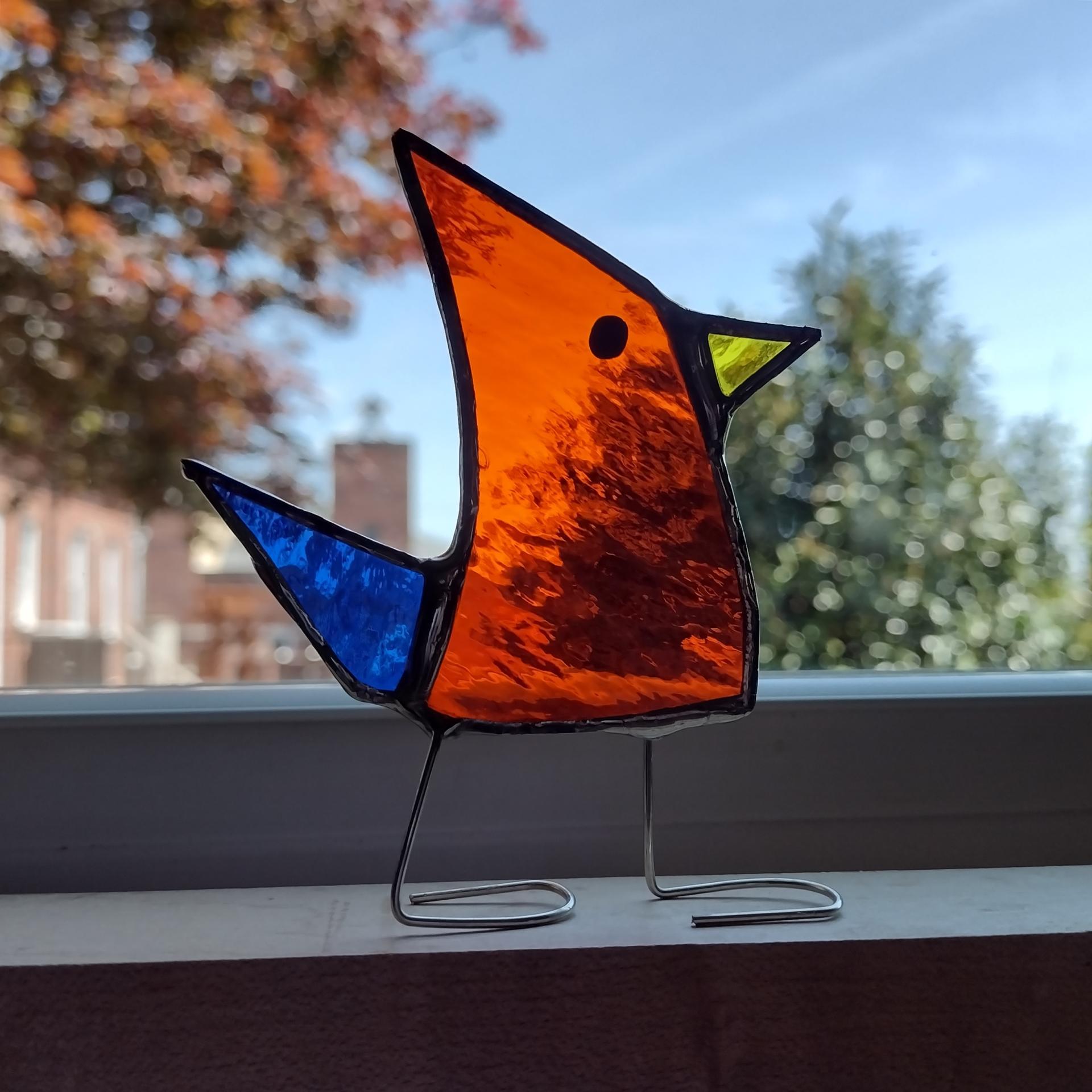 Stained Glass Standing Bird, Funky Glass Bird, Orange and Blue Bird Suncatcher