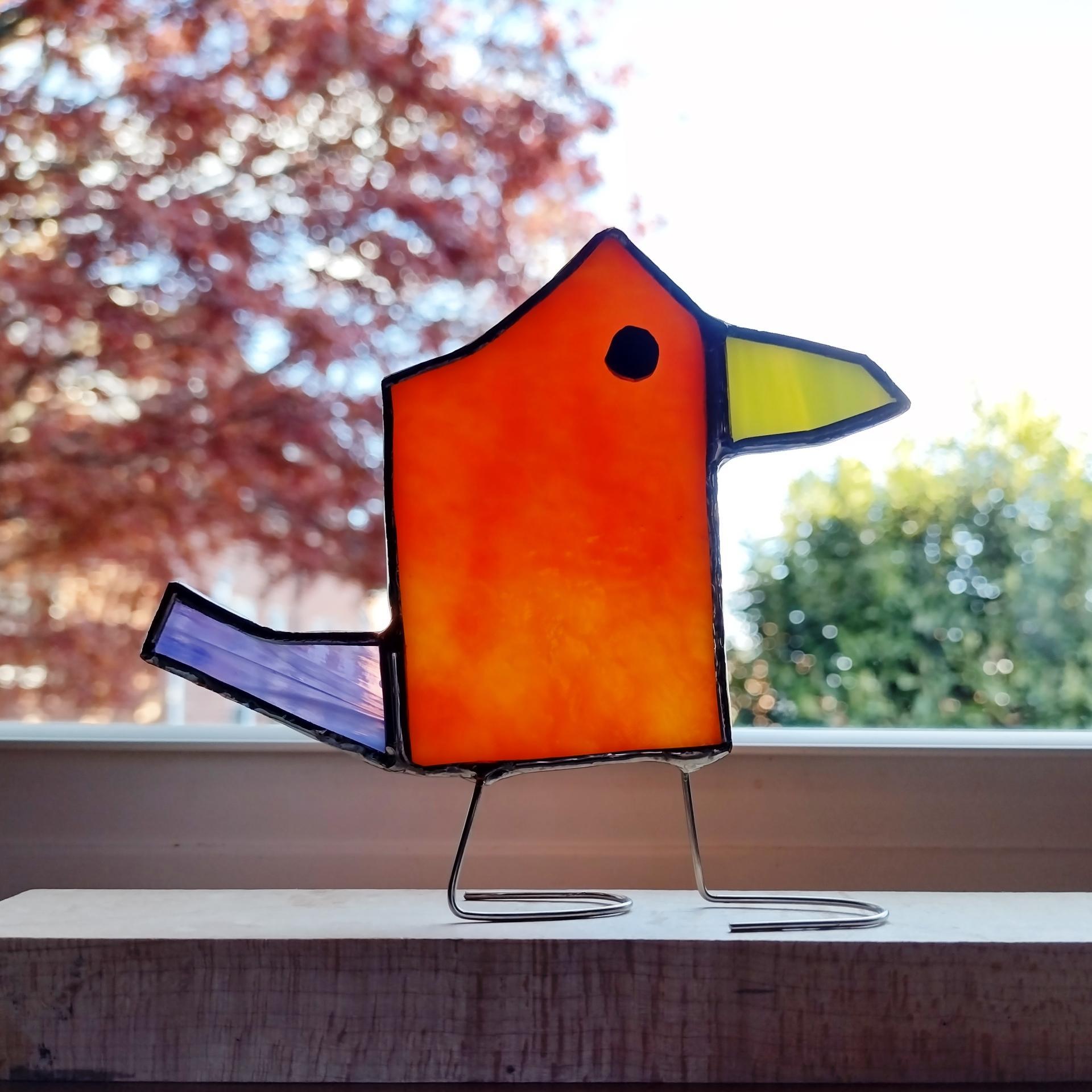 Stained Glass Standing Bird, Funky Glass Bird, Orange and Purple Bird Suncatcher, Mother's Day Gift