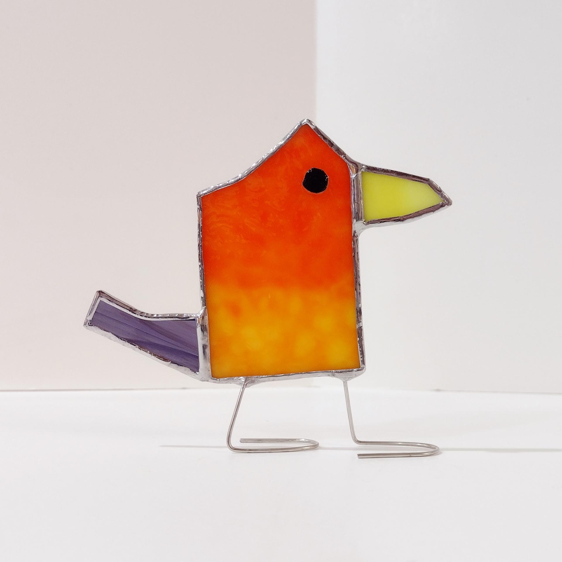 Stained Glass Standing Bird, Funky Glass Bird, Orange and Purple Bird Suncatcher, Mother's Day Gift