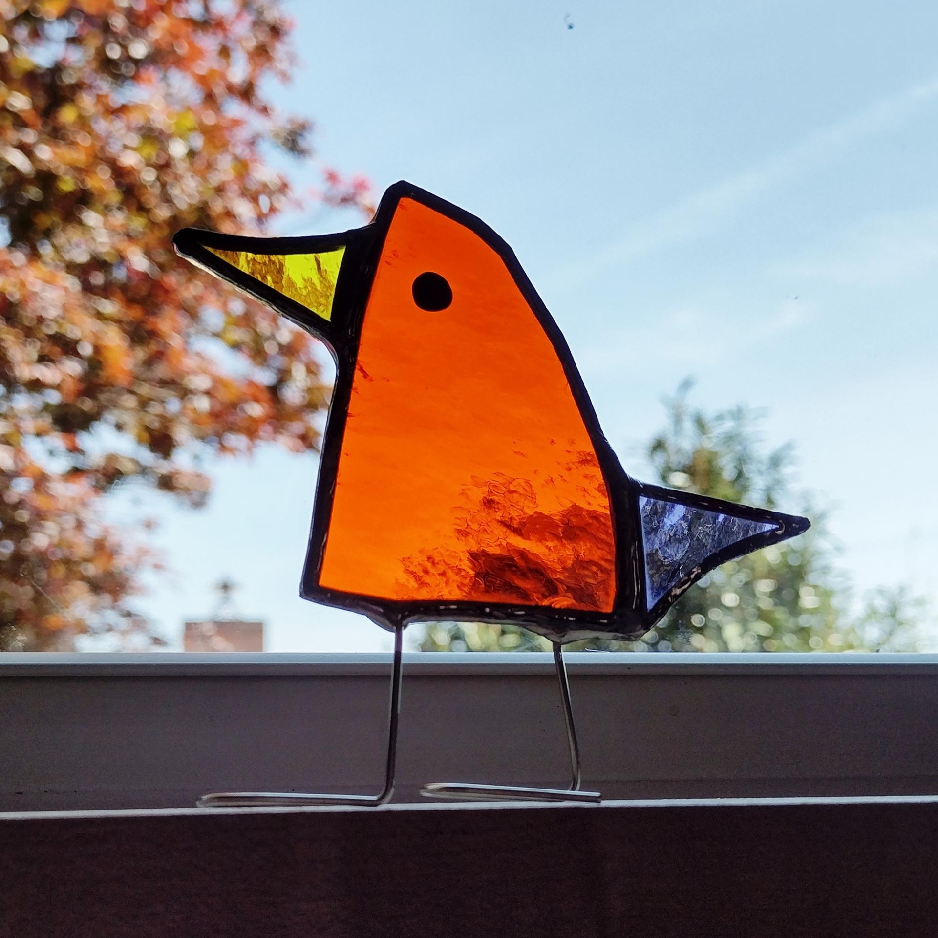 Stained Glass Standing Bird, Funky Glass Bird, Orange and Purple Bird Suncatcher
