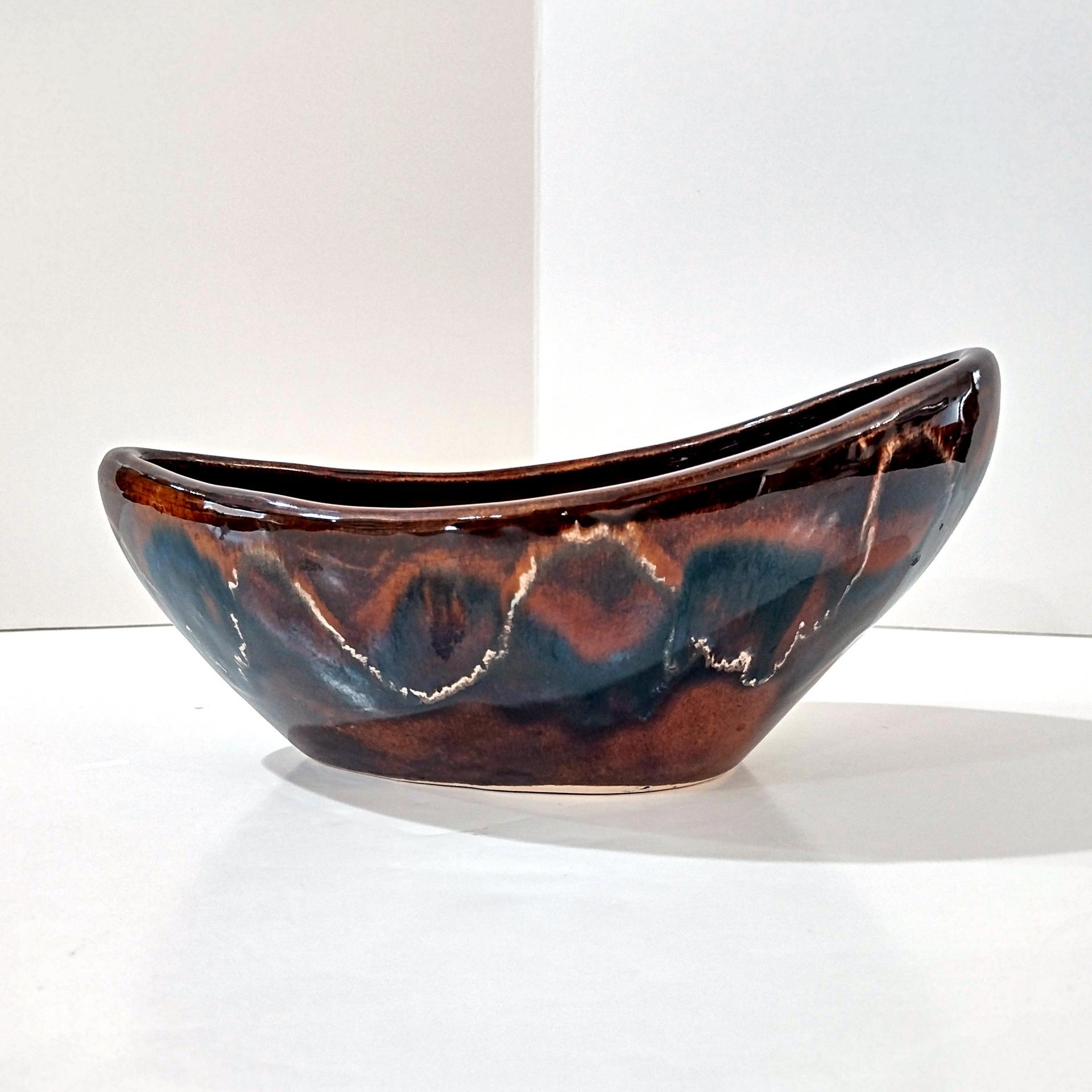 Vintage Brown Drip Glaze Ceramic Oblong Bowl, Hand Crafted Pottery Planter Boat