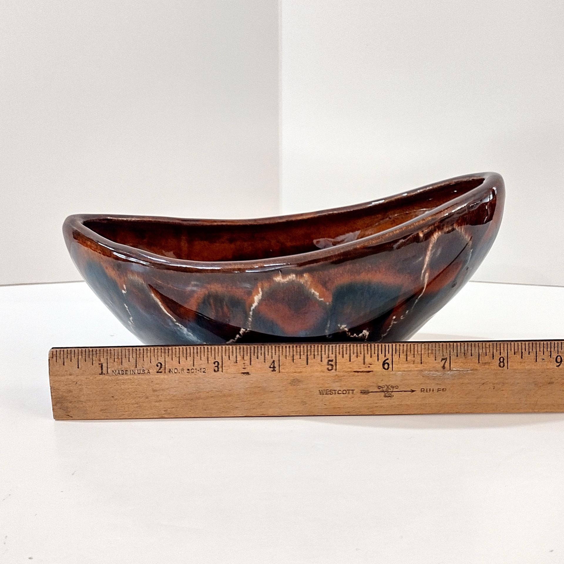 Vintage Brown Drip Glaze Ceramic Oblong Bowl, Hand Crafted Pottery Planter Boat