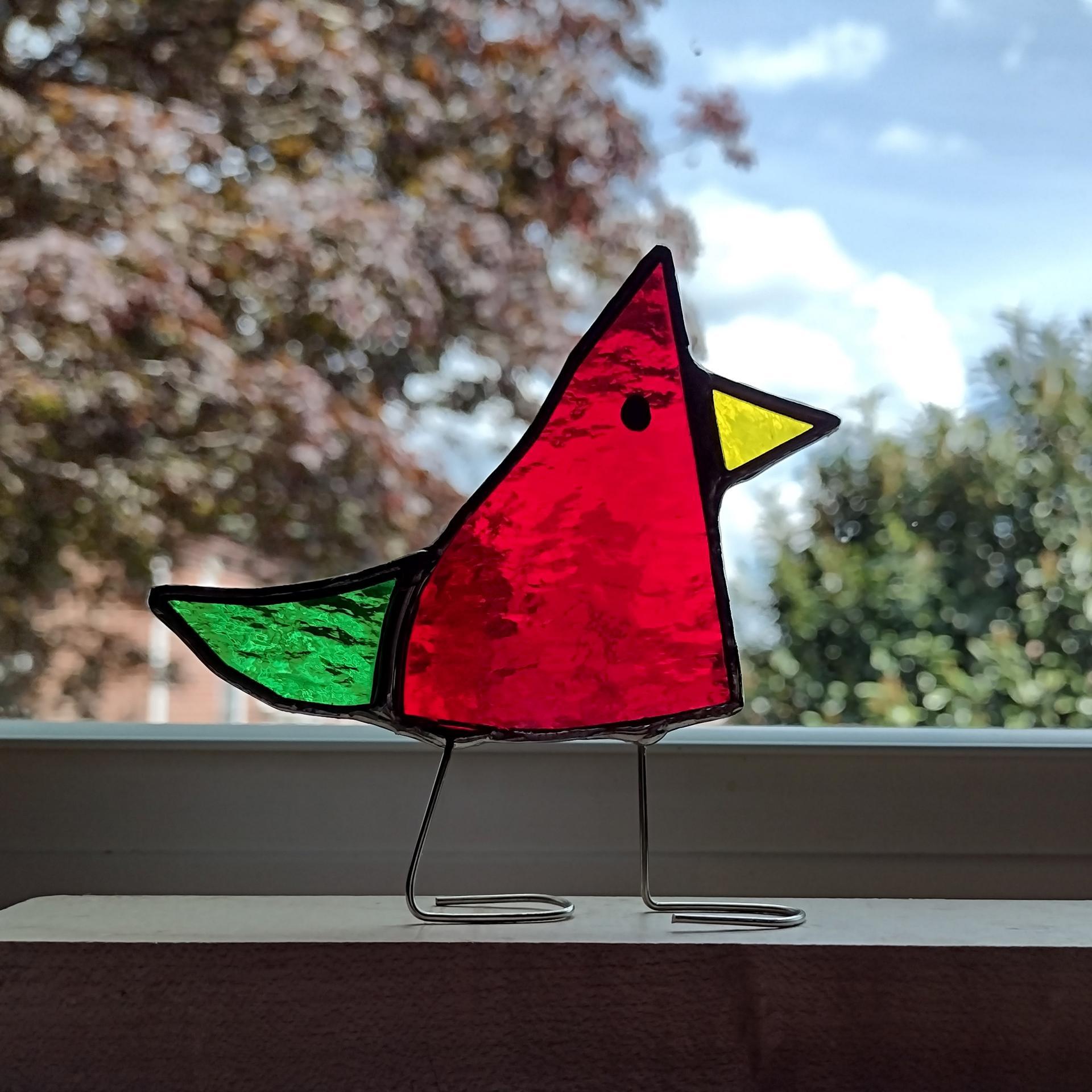Stained Glass Standing Bird, Funky Glass Bird, Cardinal Red Bird Suncatcher