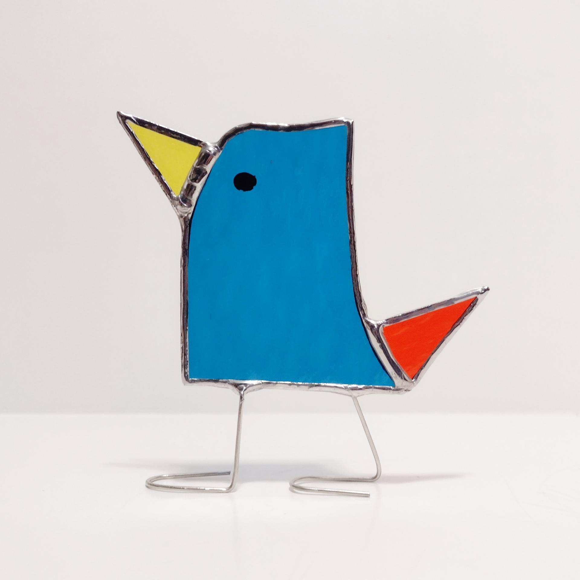 Stained Glass Standing Bird, Funky Glass Bird, Turquoise Blue and Orange Bird Suncatcher