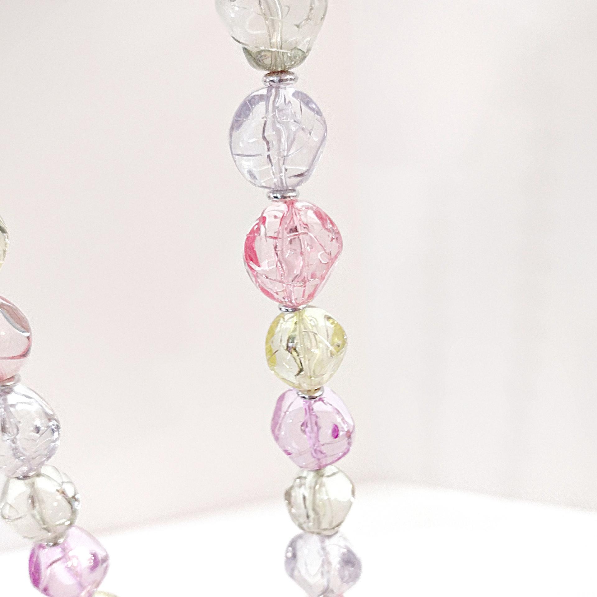 Vintage Chunky Pastel Crackle Bead Necklace, Pink Yellow Purple Green Clear Lucite Beads