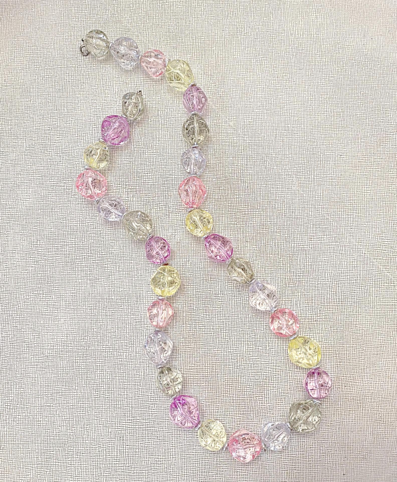 Vintage Chunky Pastel Crackle Bead Necklace, Pink Yellow Purple Green Clear Lucite Beads