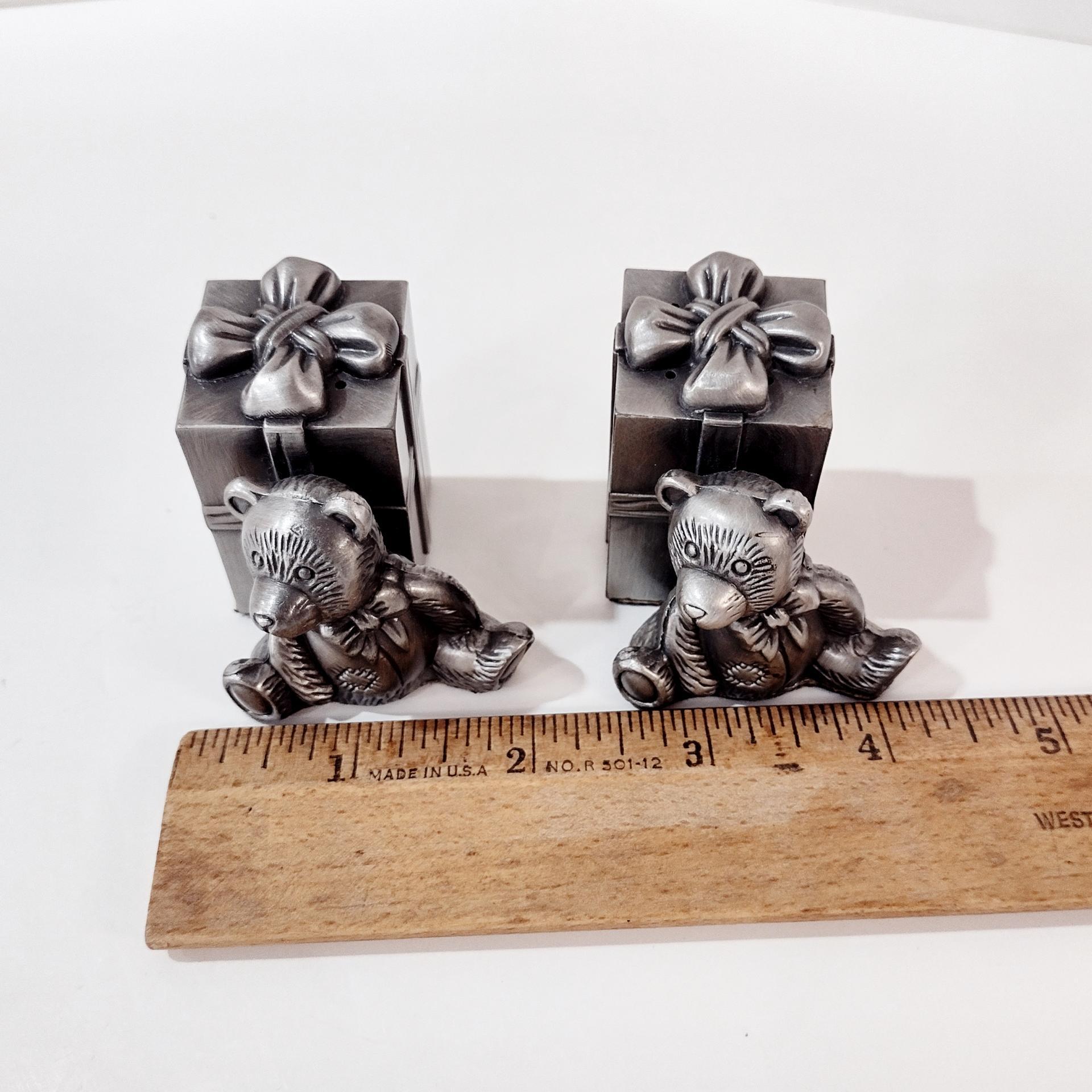 Vintage Pewter Teddy Bear and Present Box Salt and Pepper Shaker Set