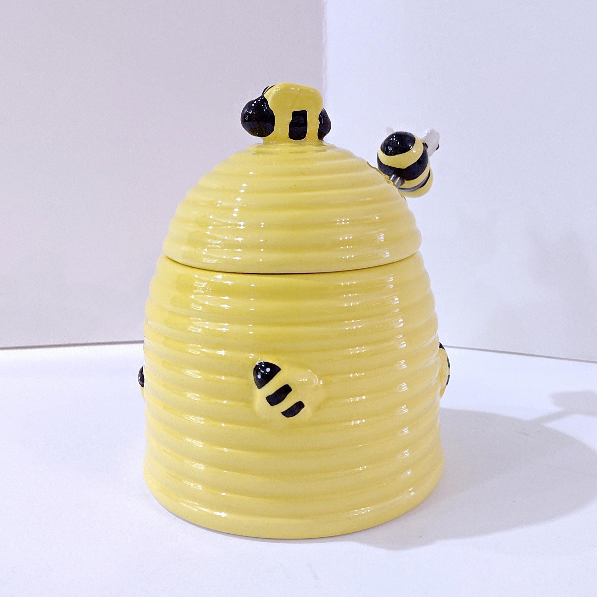 Vintage Ceramic Honey Bee Hive Honey Pot with Drizzler, Busy Little Bee Honeypot