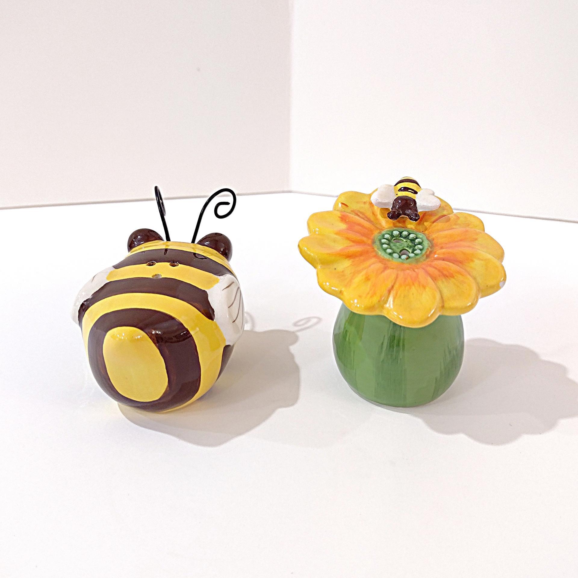 Vintage Ceramic Bumble Bee and Flower Salt and Pepper Shaker Set