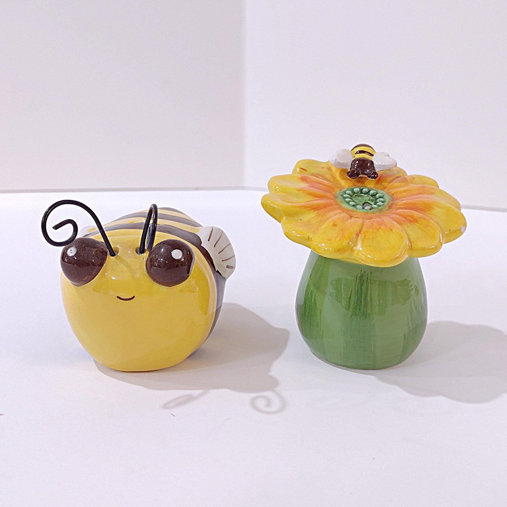 Vintage Ceramic Bumble Bee and Flower Salt and Pepper Shaker Set