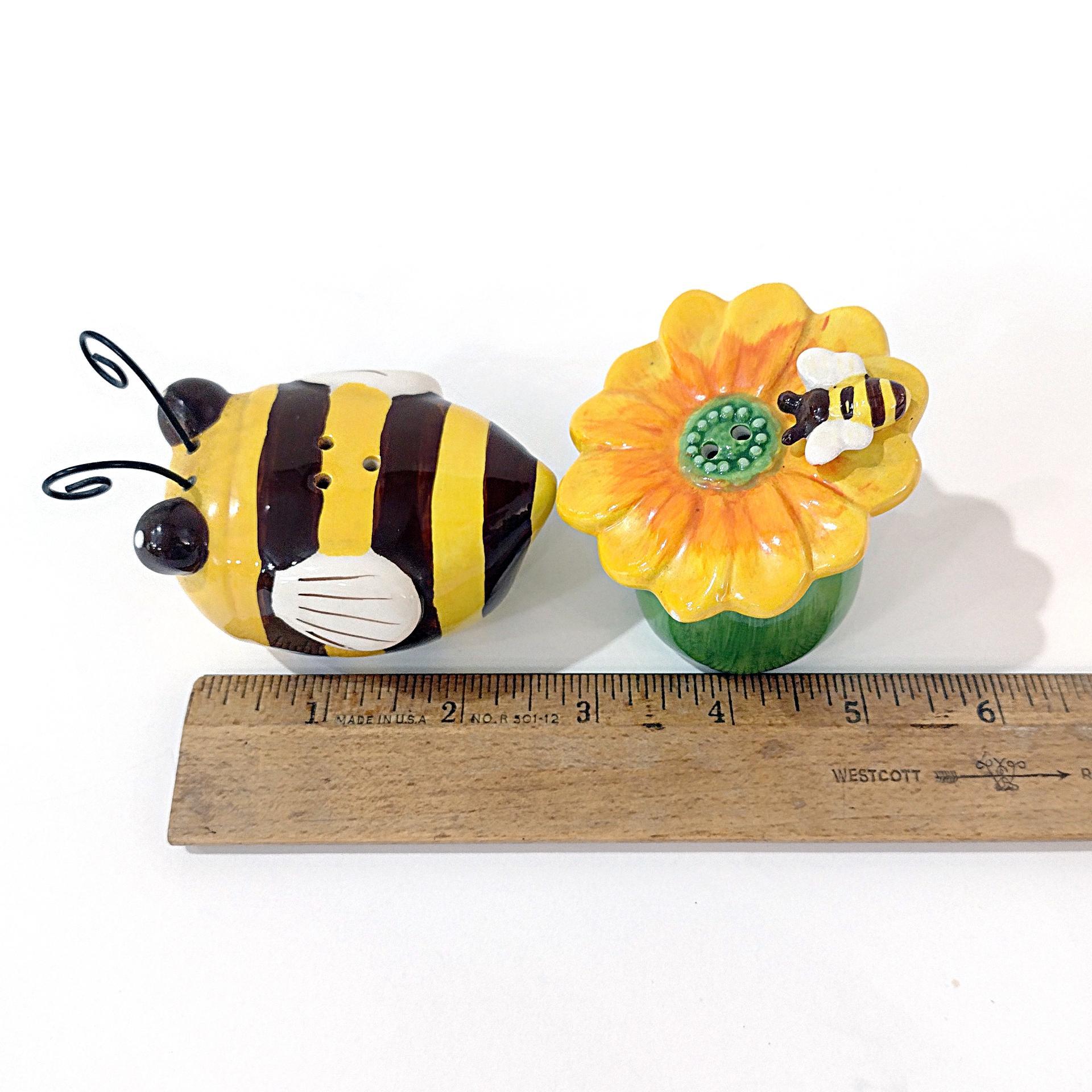 Vintage Ceramic Bumble Bee and Flower Salt and Pepper Shaker Set