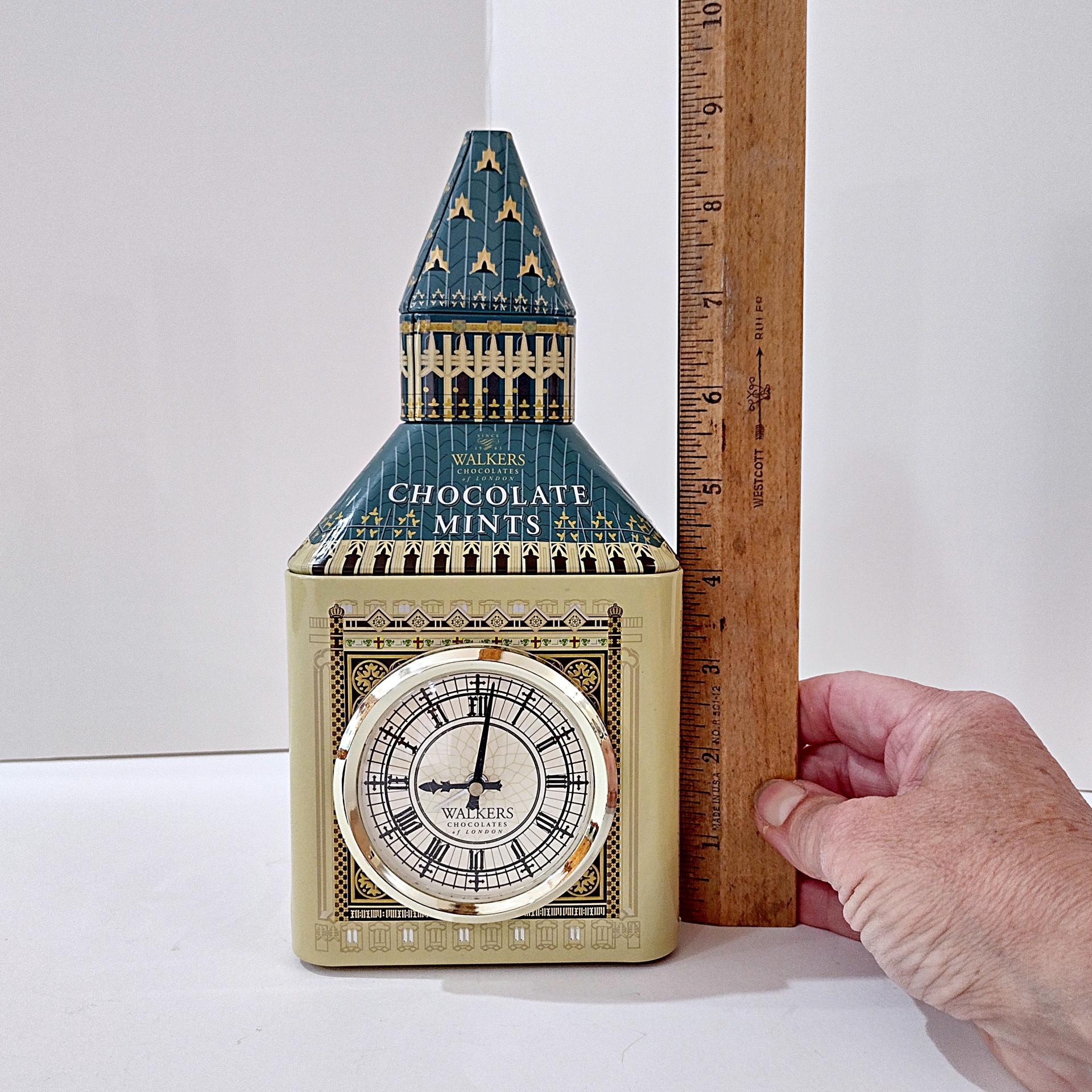 Vintage Big Ben Metal Tin with Working Clock, Walkers Chocolate Mints Big Ben Storage Container