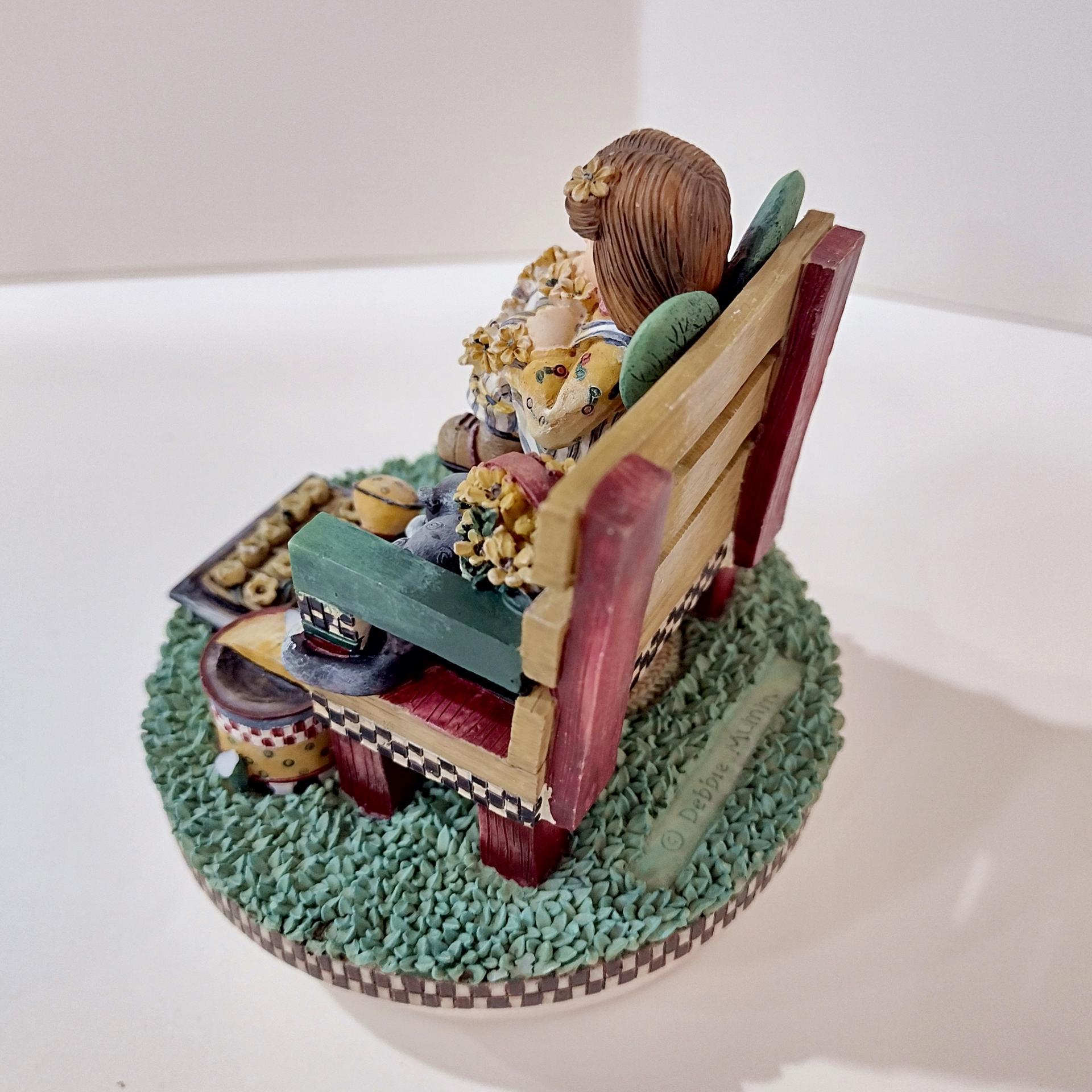 Vintage Our America Debbie Mumm Resin Jar Candle Topper, Girl on a Bench with a Kitty Cat and Flowers