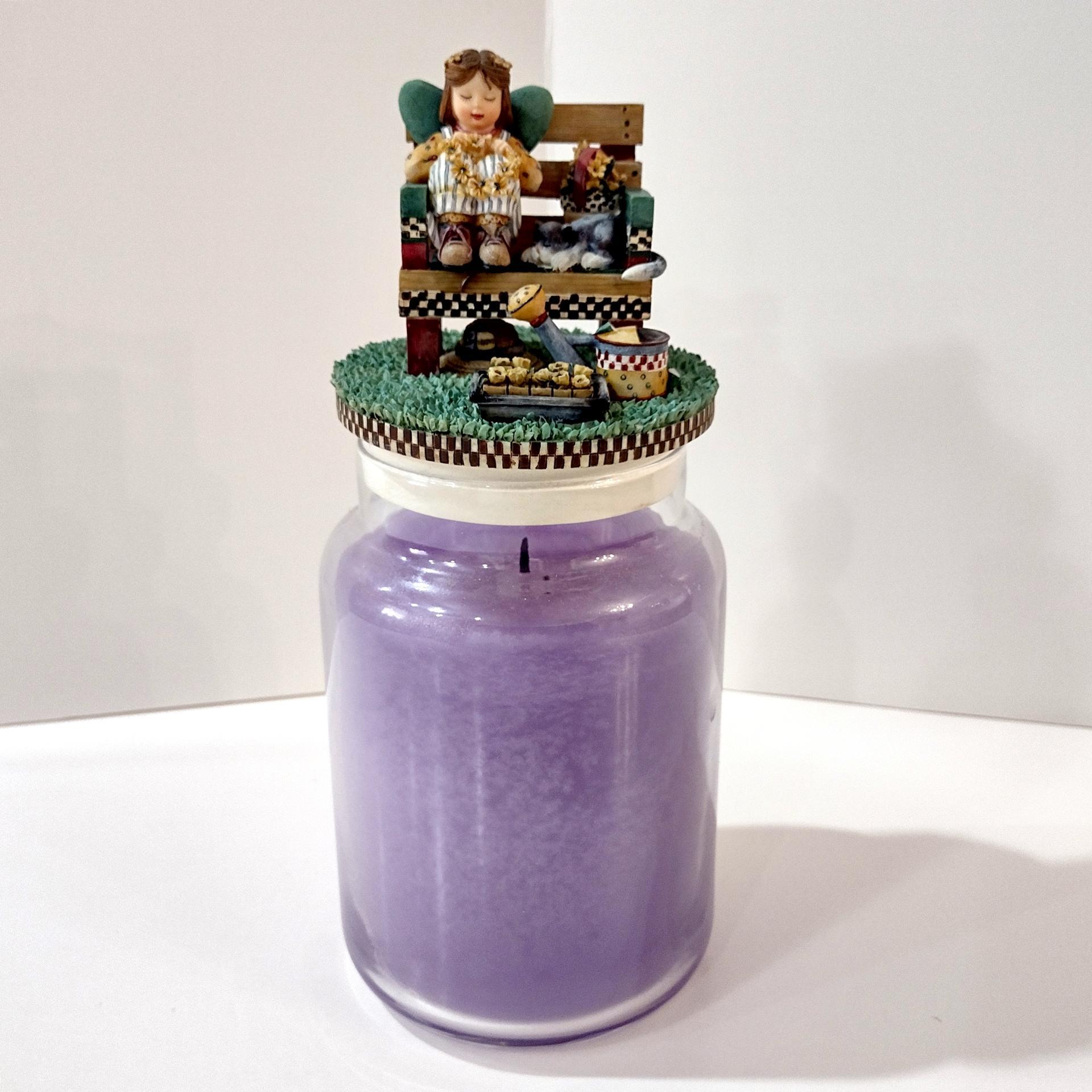 Vintage Our America Debbie Mumm Resin Jar Candle Topper, Girl on a Bench with a Kitty Cat and Flowers