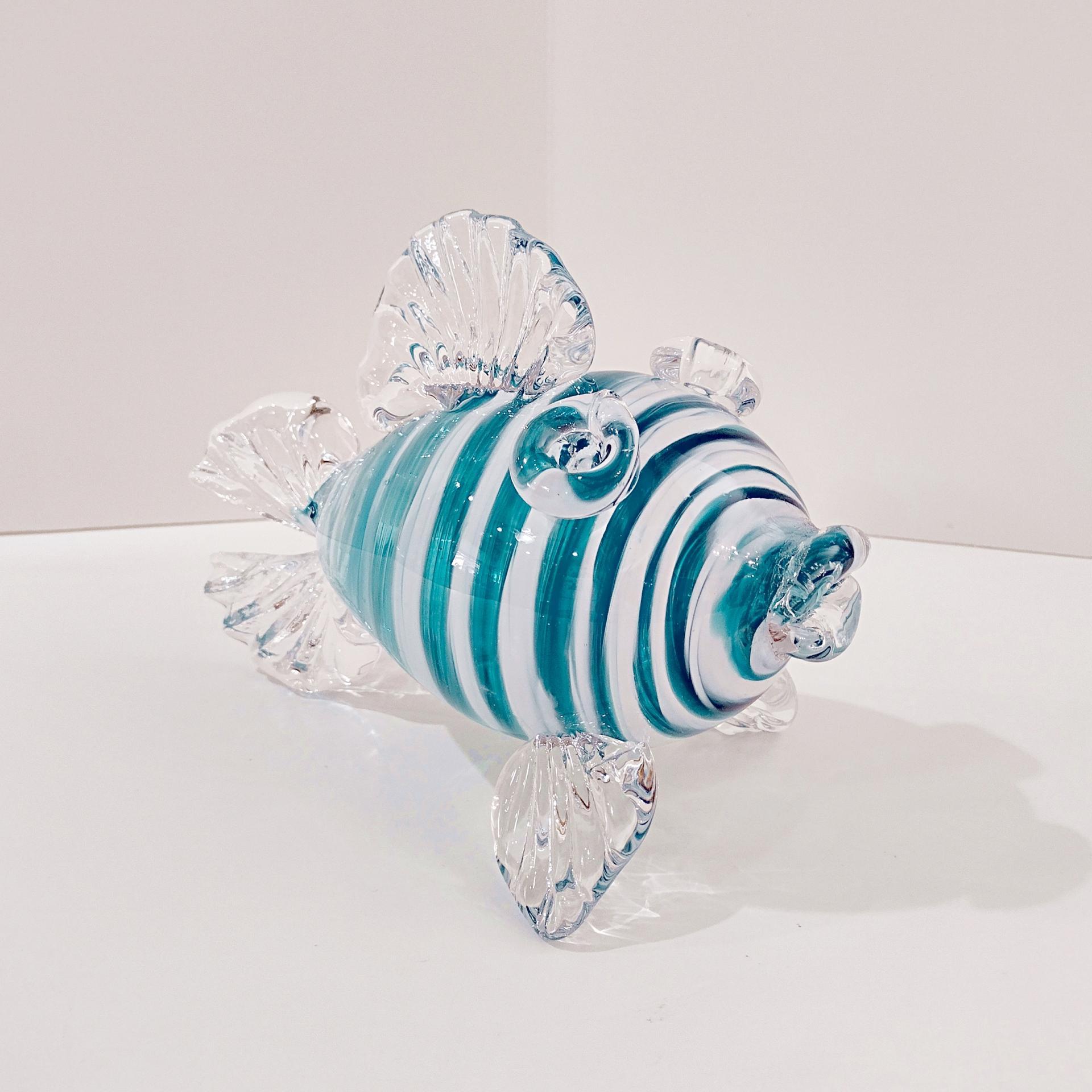 Vintage Hand Blown Glass Murano Style Fish, Aqua Turquoise Blue and Clear Swirled Glass Fish