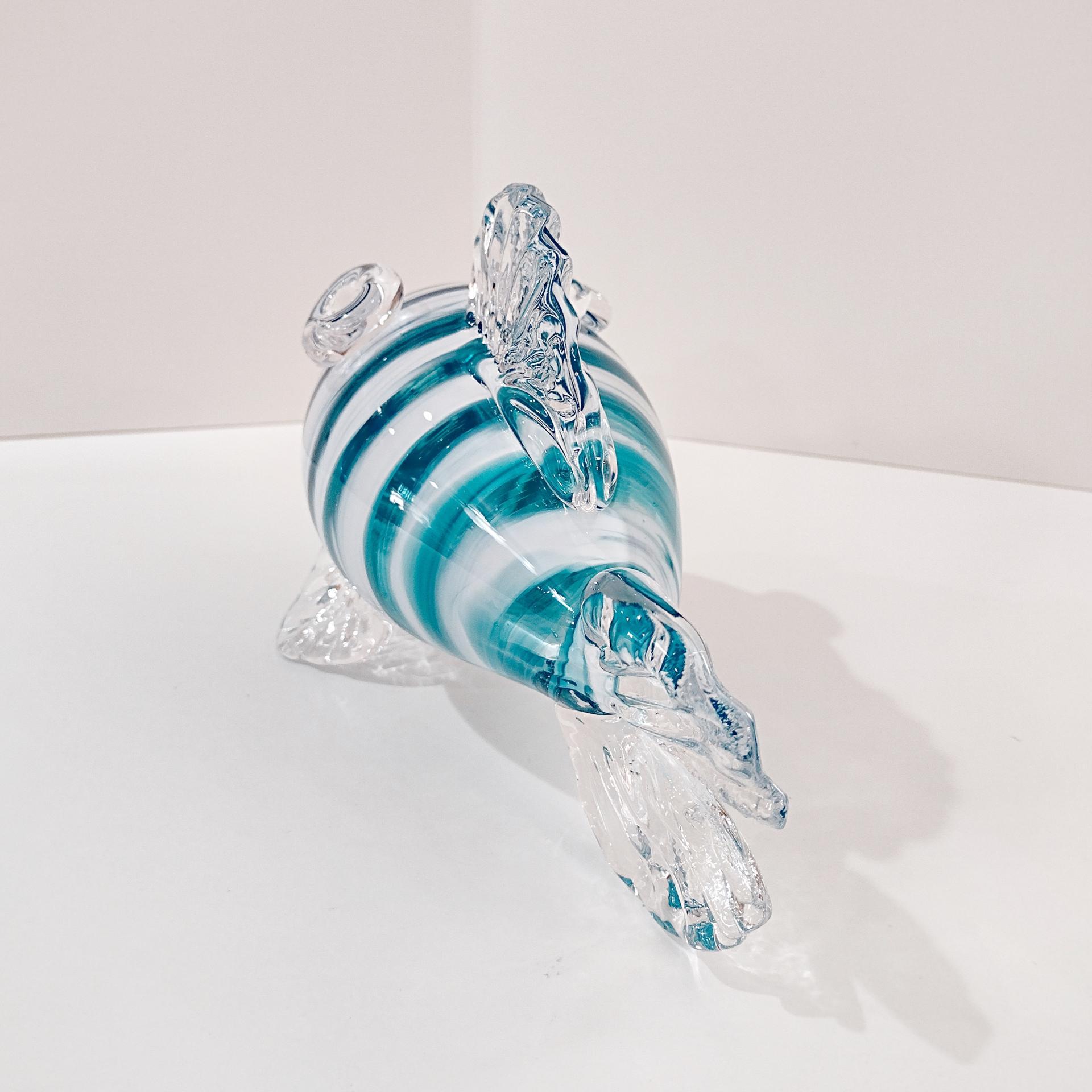 Vintage Hand Blown Glass Murano Style Fish, Aqua Turquoise Blue and Clear Swirled Glass Fish