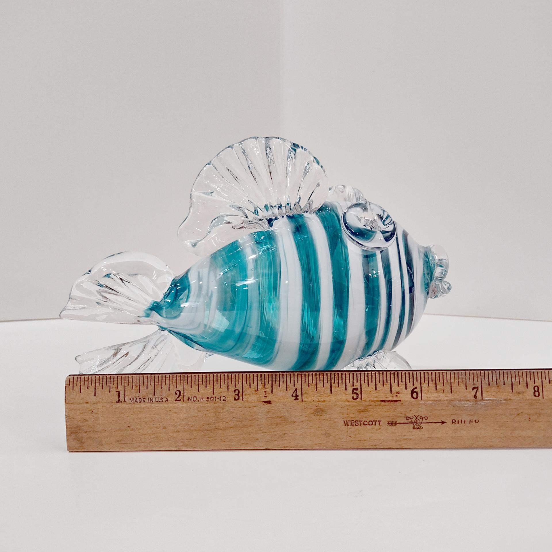 Vintage Hand Blown Glass Murano Style Fish, Aqua Turquoise Blue and Clear Swirled Glass Fish