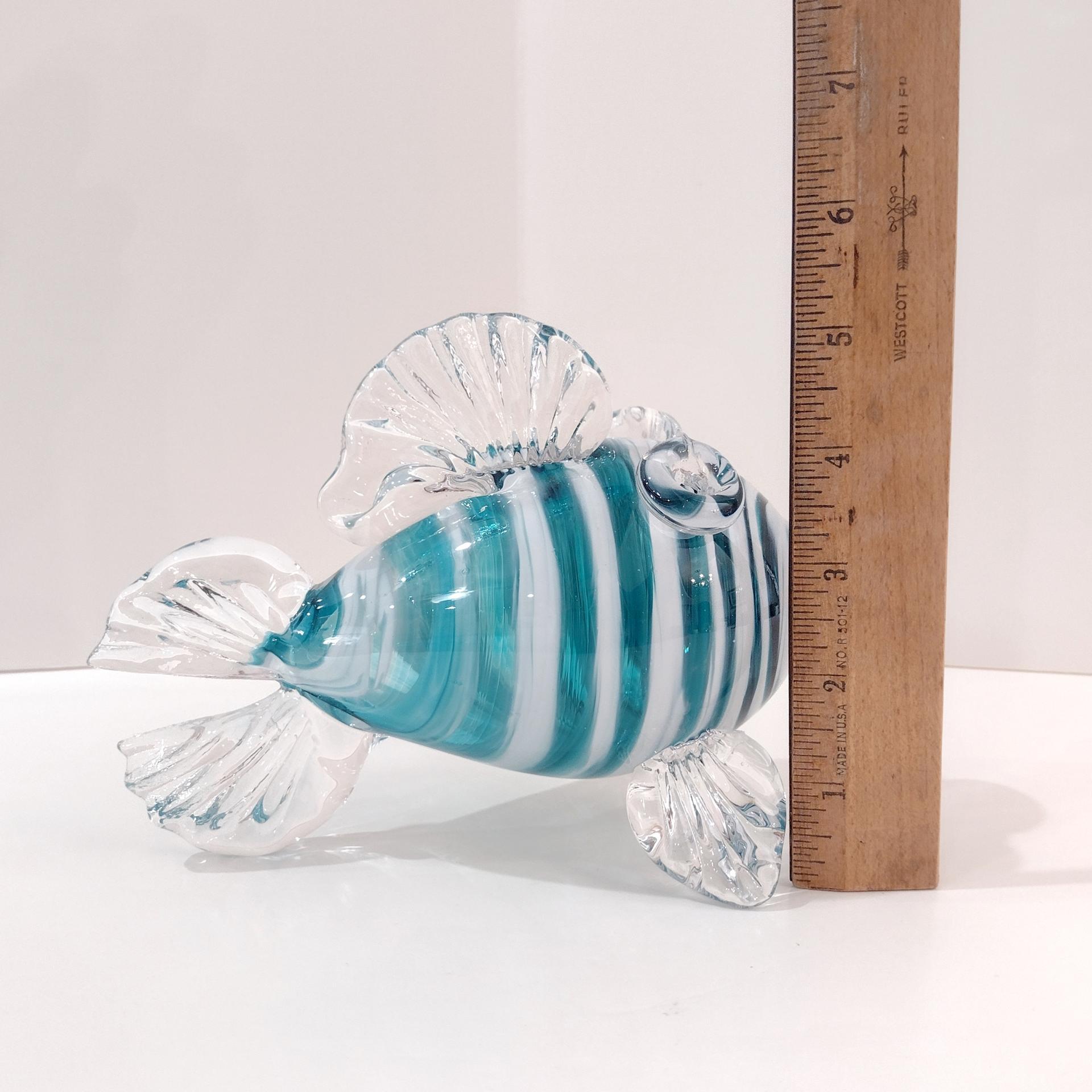 Vintage Hand Blown Glass Murano Style Fish, Aqua Turquoise Blue and Clear Swirled Glass Fish