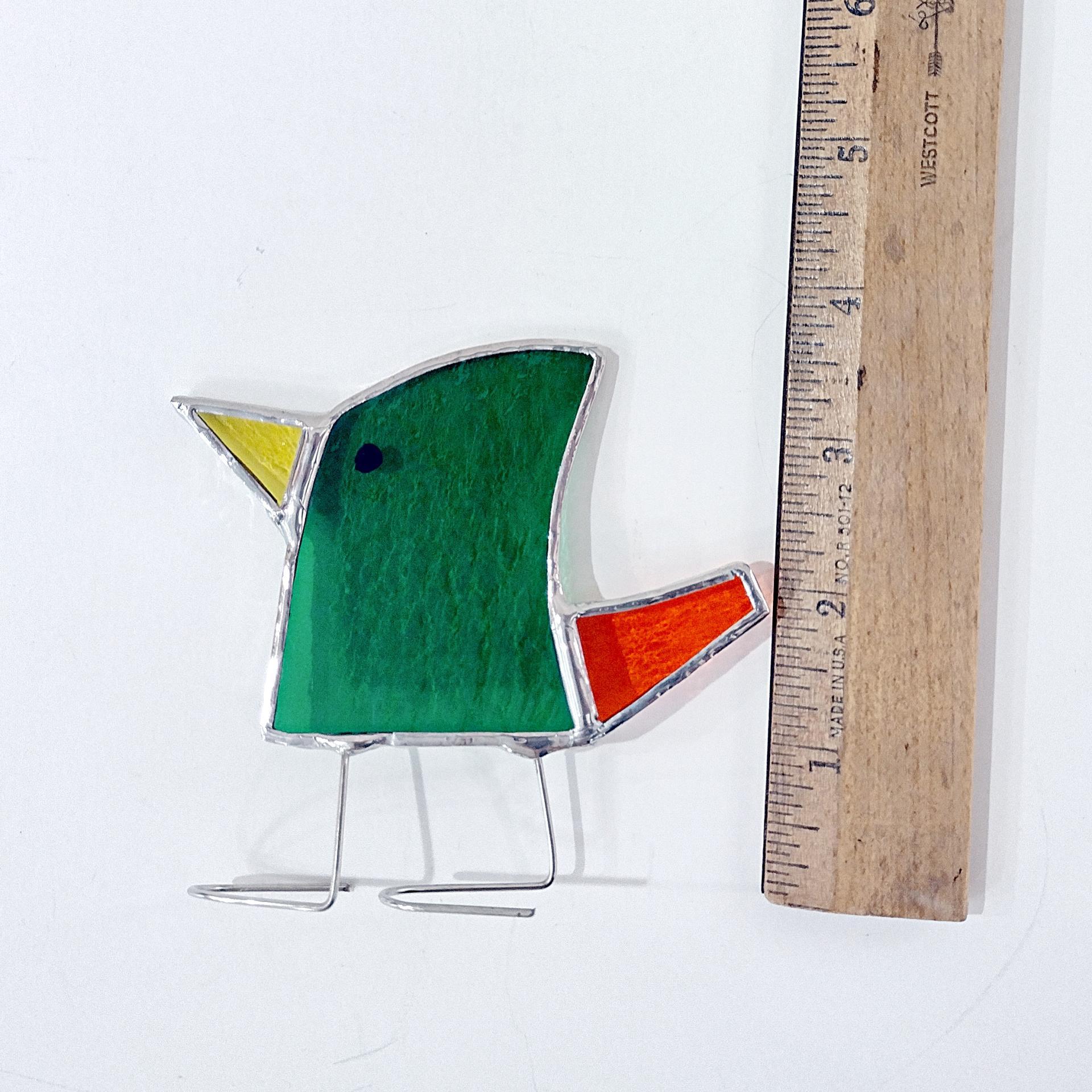 Stained Glass Standing Bird, Funky Green and Orange Glass Bird Suncatcher, Bird Lover Gift, Windowsill Sitter