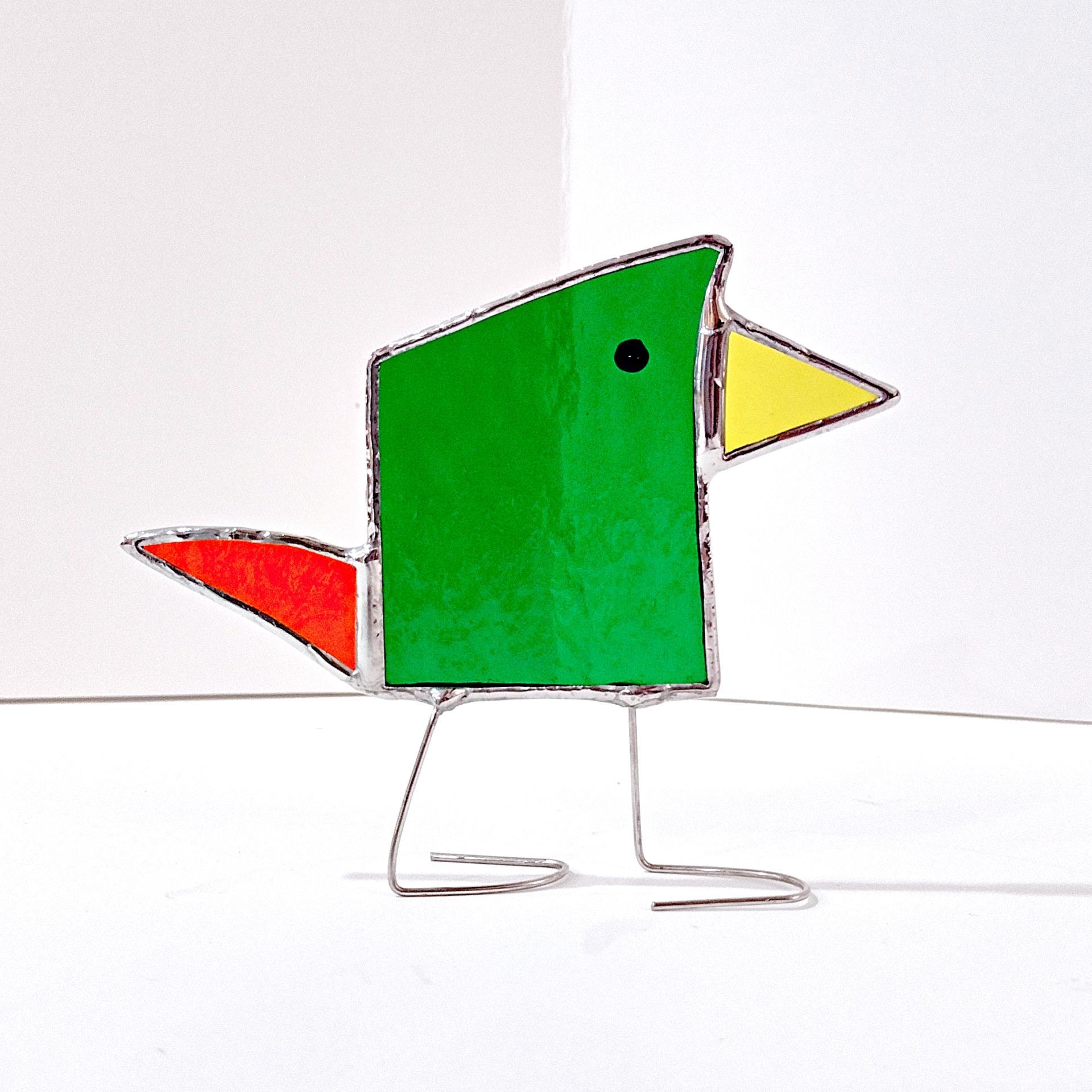 Stained Glass Standing Bird, Funky Green and Orange Glass Bird Suncatcher, Bird Lover Gift, Windowsill Sitter