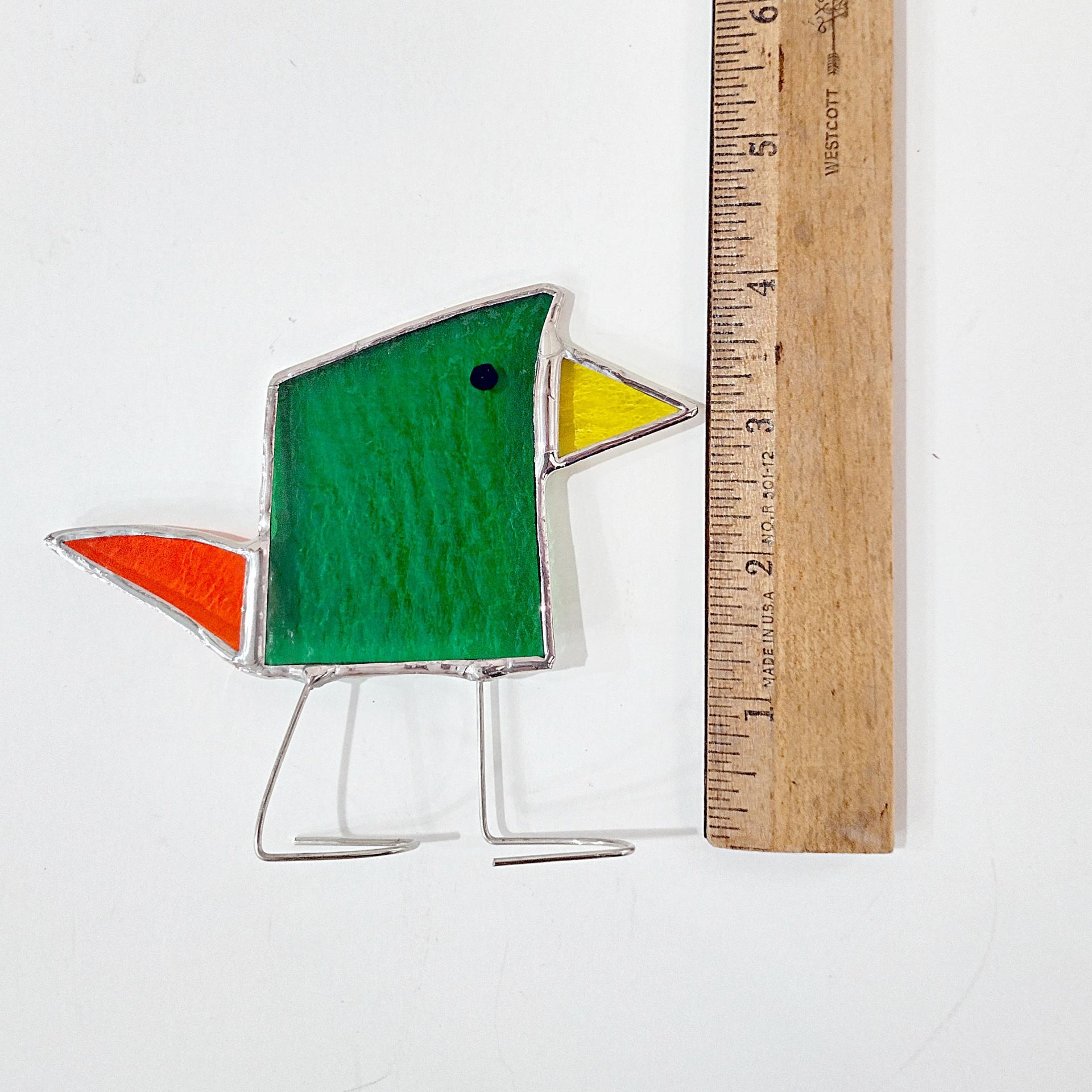Stained Glass Standing Bird, Funky Green and Orange Glass Bird Suncatcher, Bird Lover Gift, Windowsill Sitter