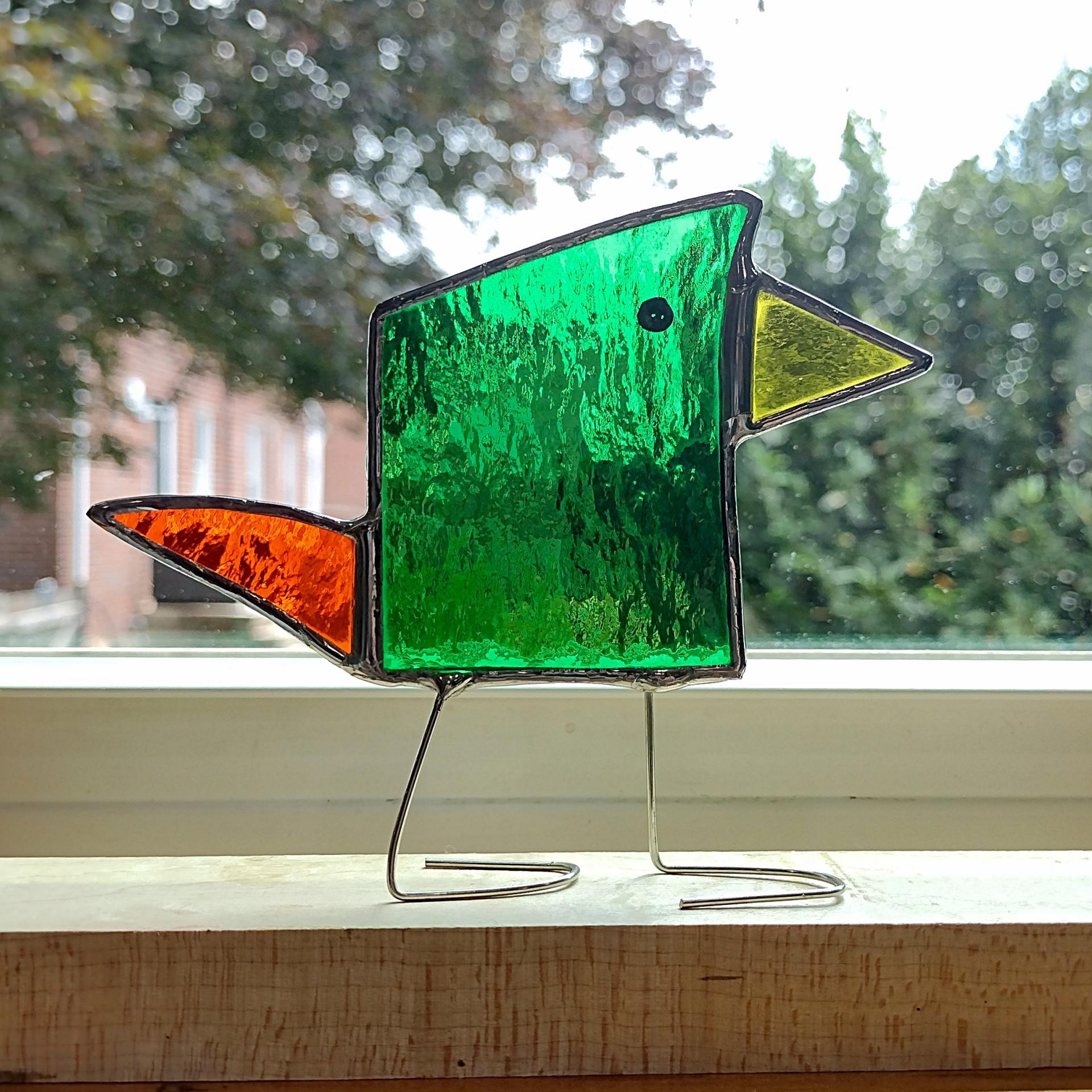 Stained Glass Standing Bird, Funky Green and Orange Glass Bird Suncatcher, Bird Lover Gift, Windowsill Sitter