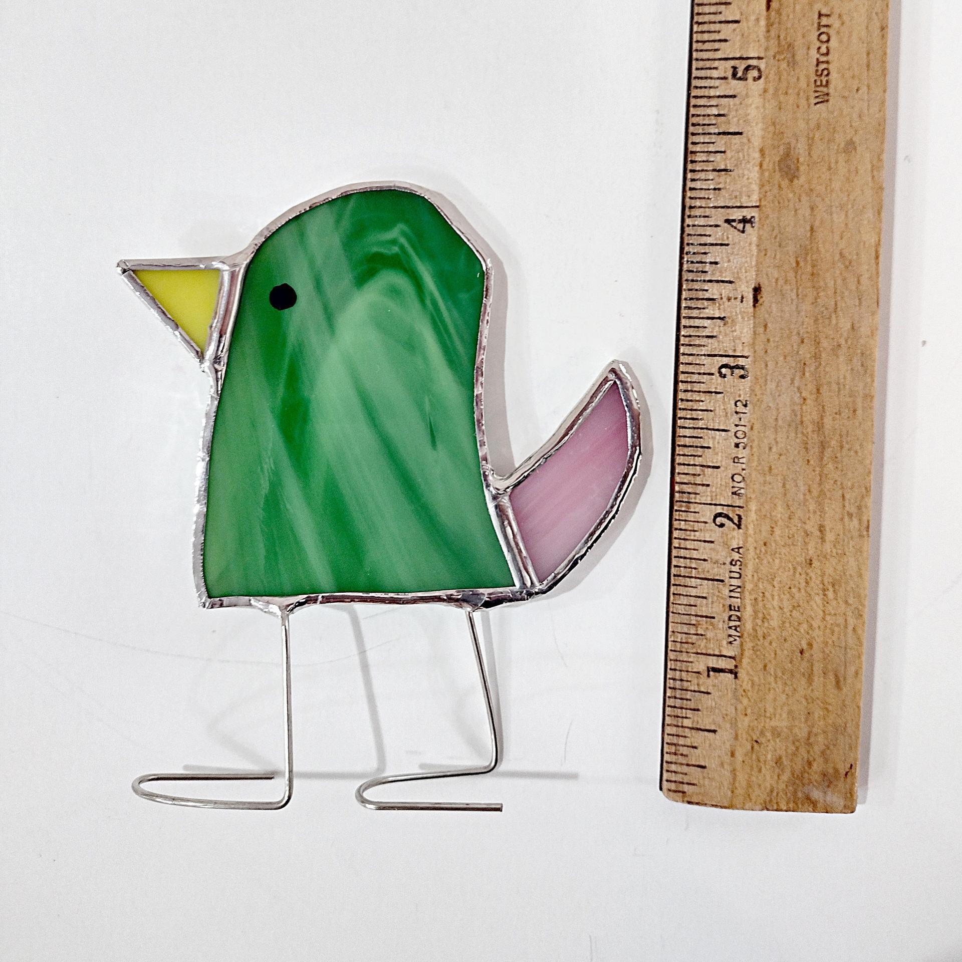 Stained Glass Standing Bird, Funky Green and Pink Glass Bird Suncatcher, Bird Lover Gift, Windowsill Sitter