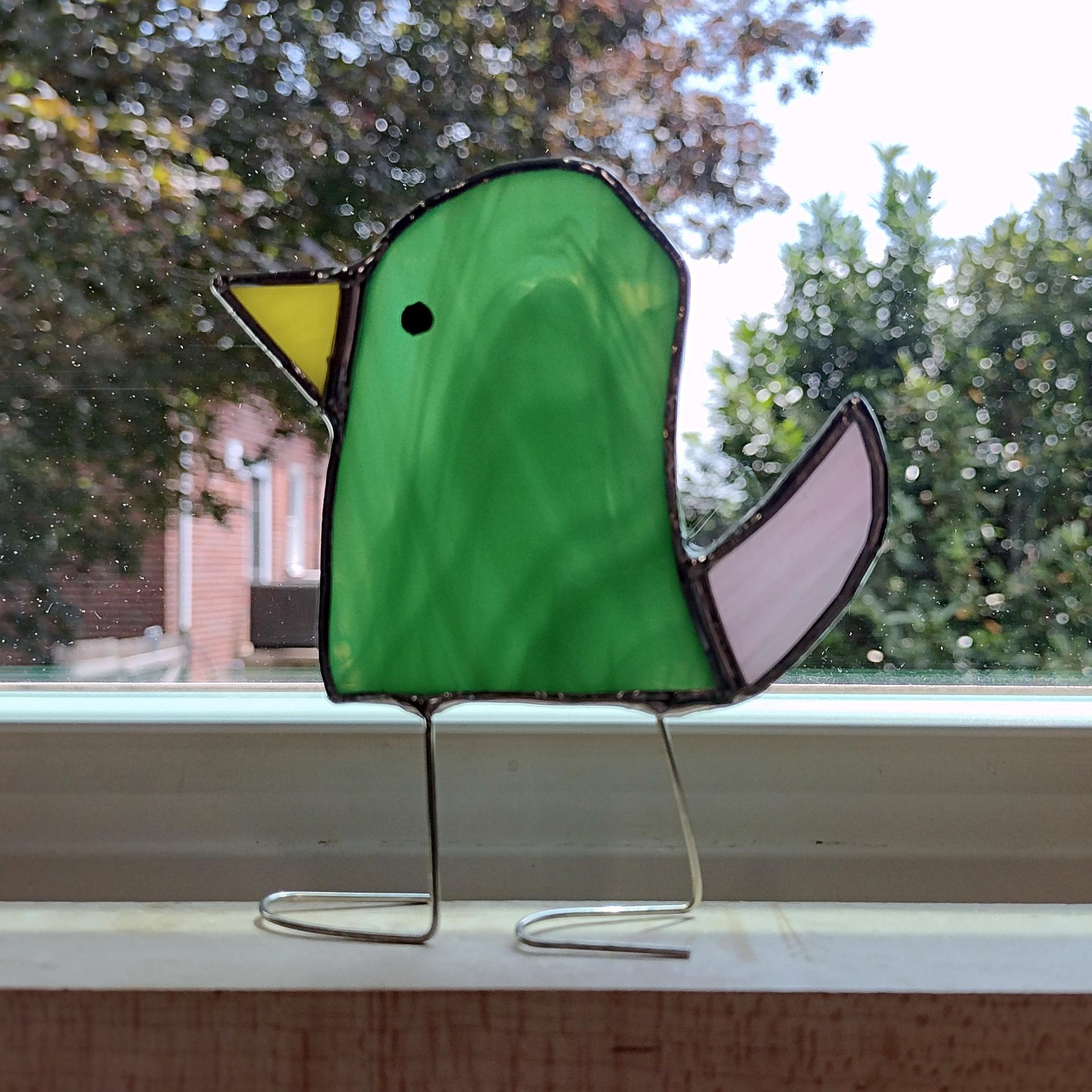 Stained Glass Standing Bird, Funky Green and Pink Glass Bird Suncatcher, Bird Lover Gift, Windowsill Sitter