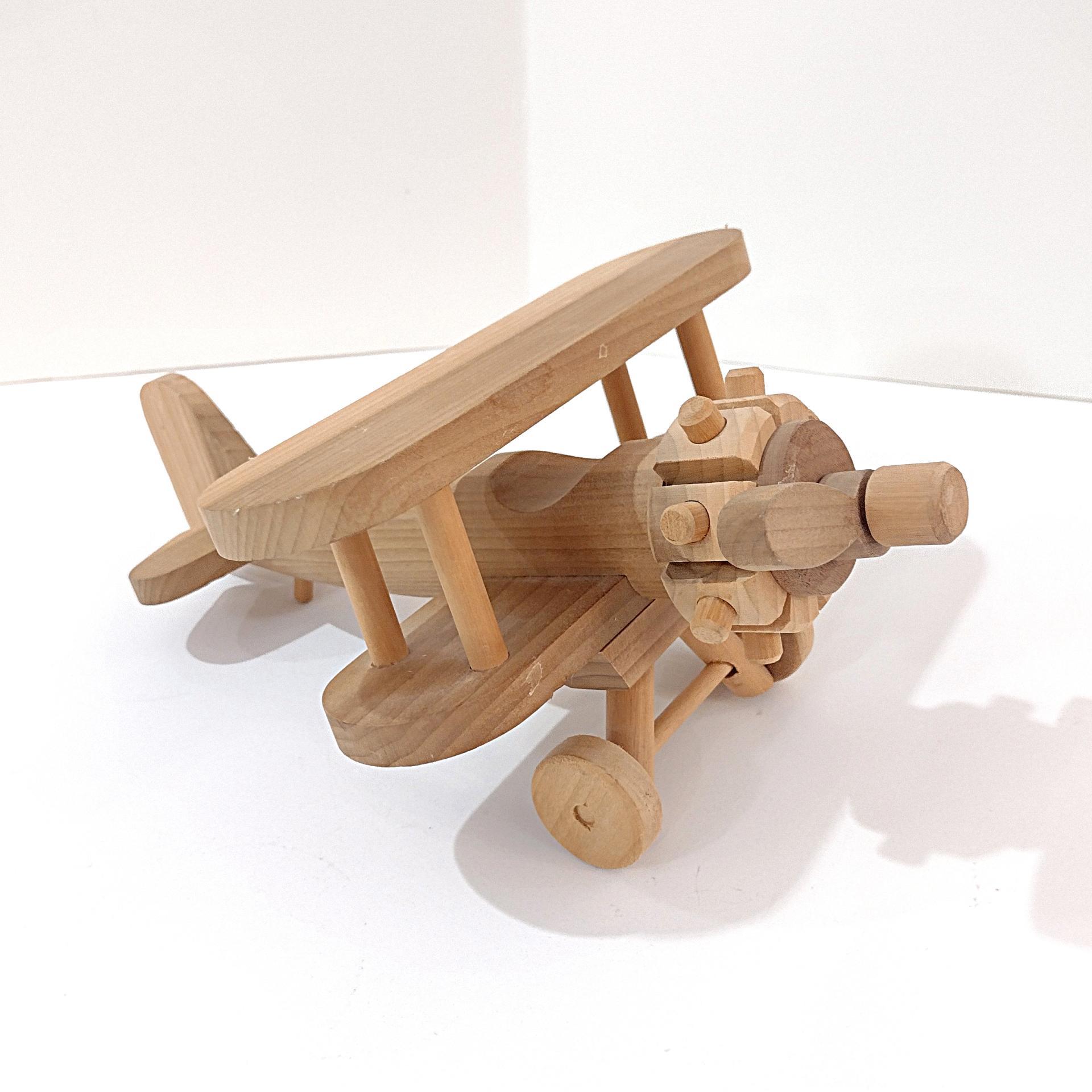 Vintage Wooden Airplane Rolling Child's Push Toy,  Wood Bi Plane Toy