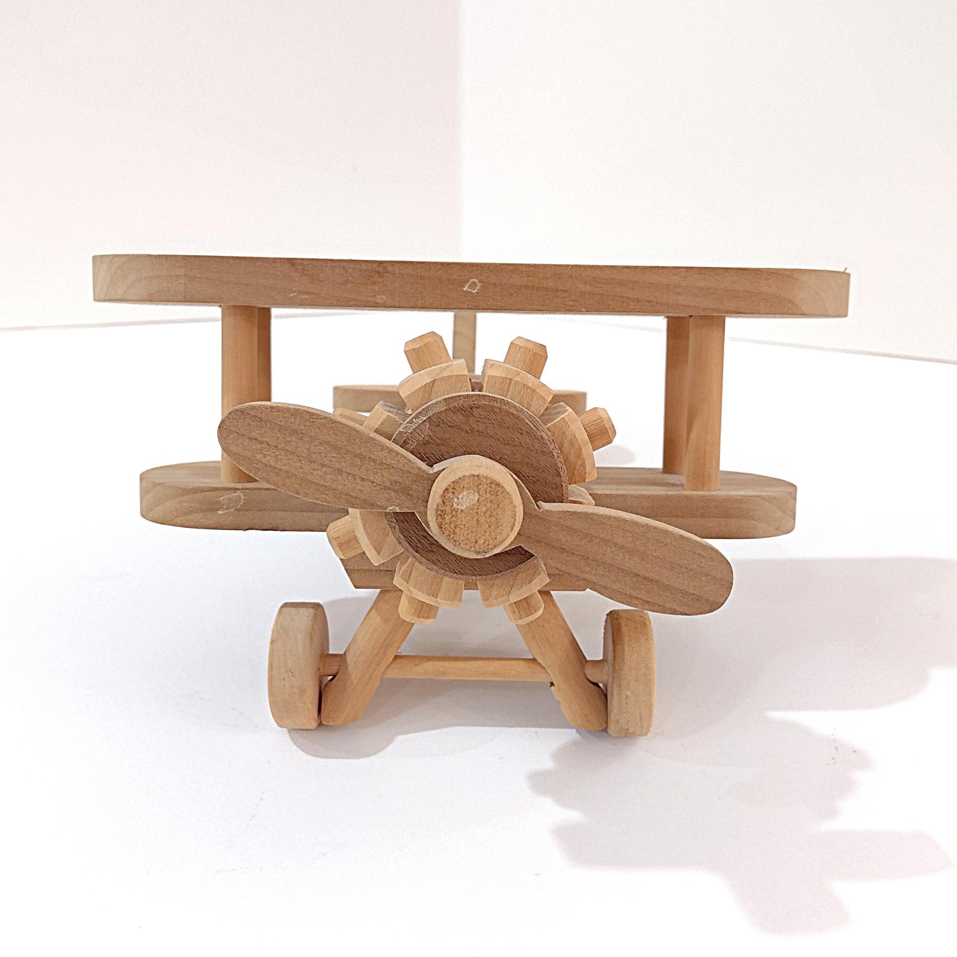 Vintage Wooden Airplane Rolling Child's Push Toy,  Wood Bi Plane Toy