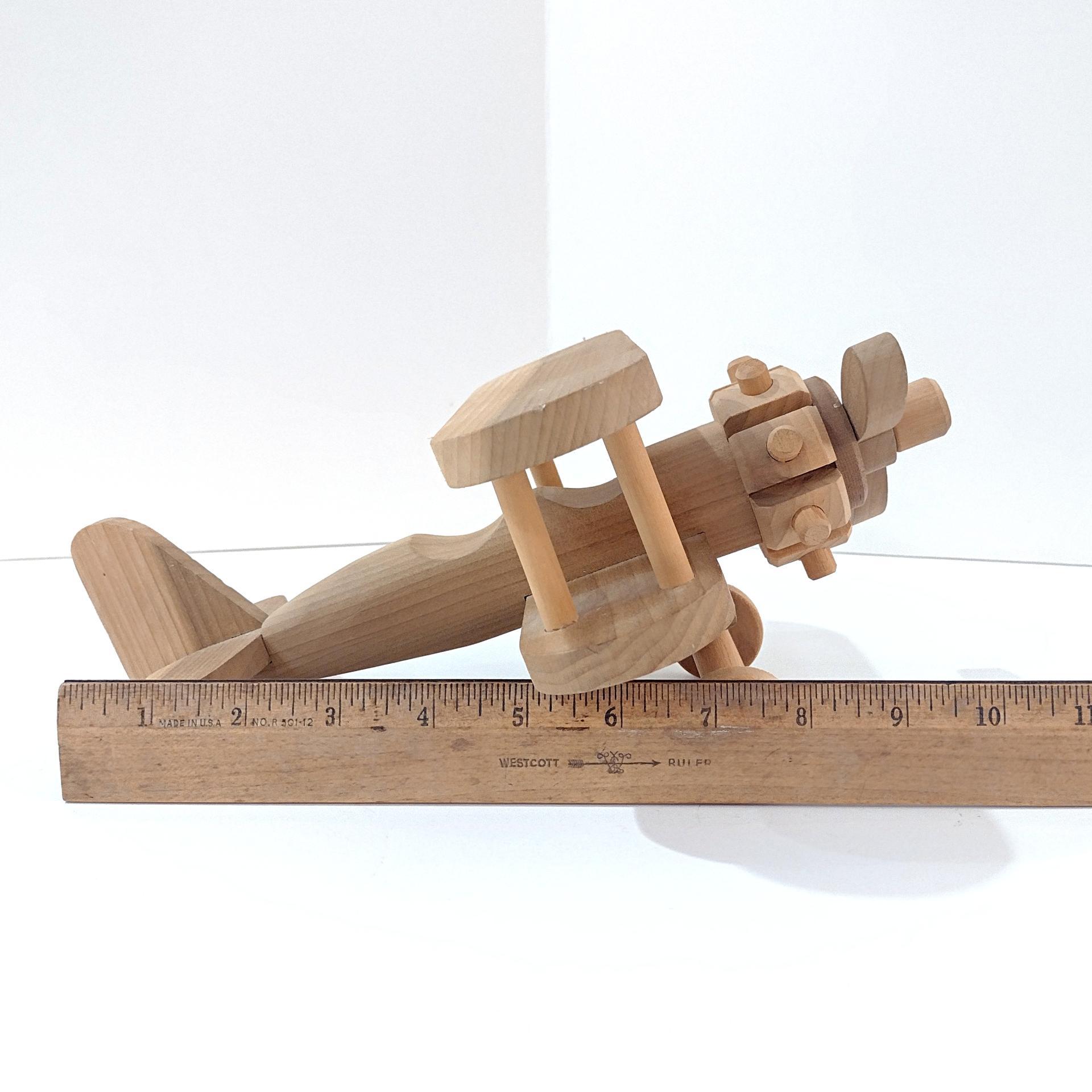 Vintage Wooden Airplane Rolling Child's Push Toy,  Wood Bi Plane Toy