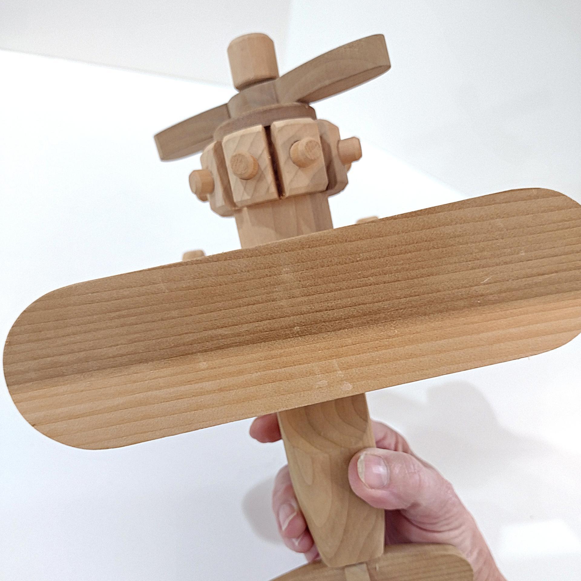 Vintage Wooden Airplane Rolling Child's Push Toy,  Wood Bi Plane Toy