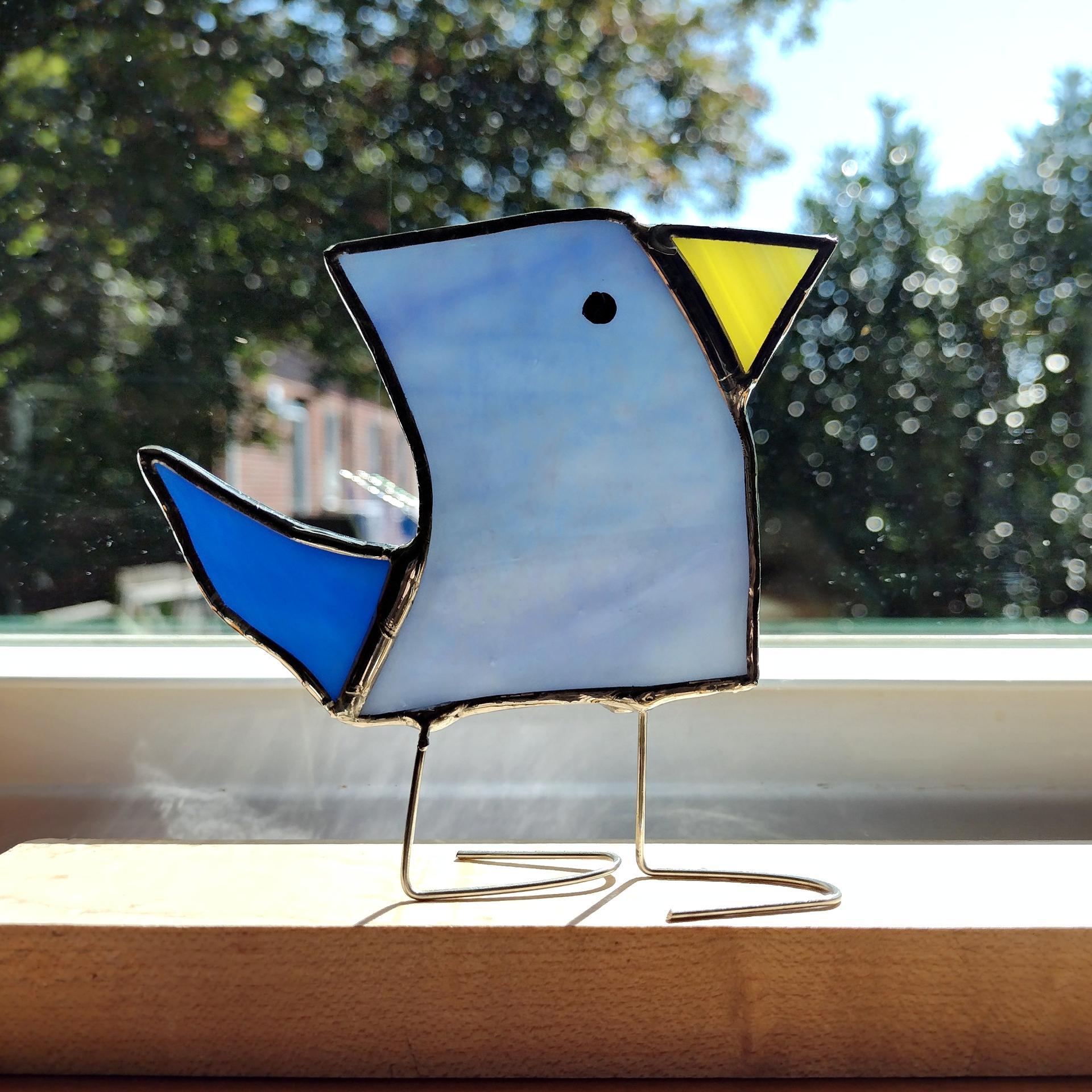 Stained Glass Standing Bird, Funky Glass Bird, Blue Iridescent Bird Suncatcher, Windowsill Sitter Free Standing Bird