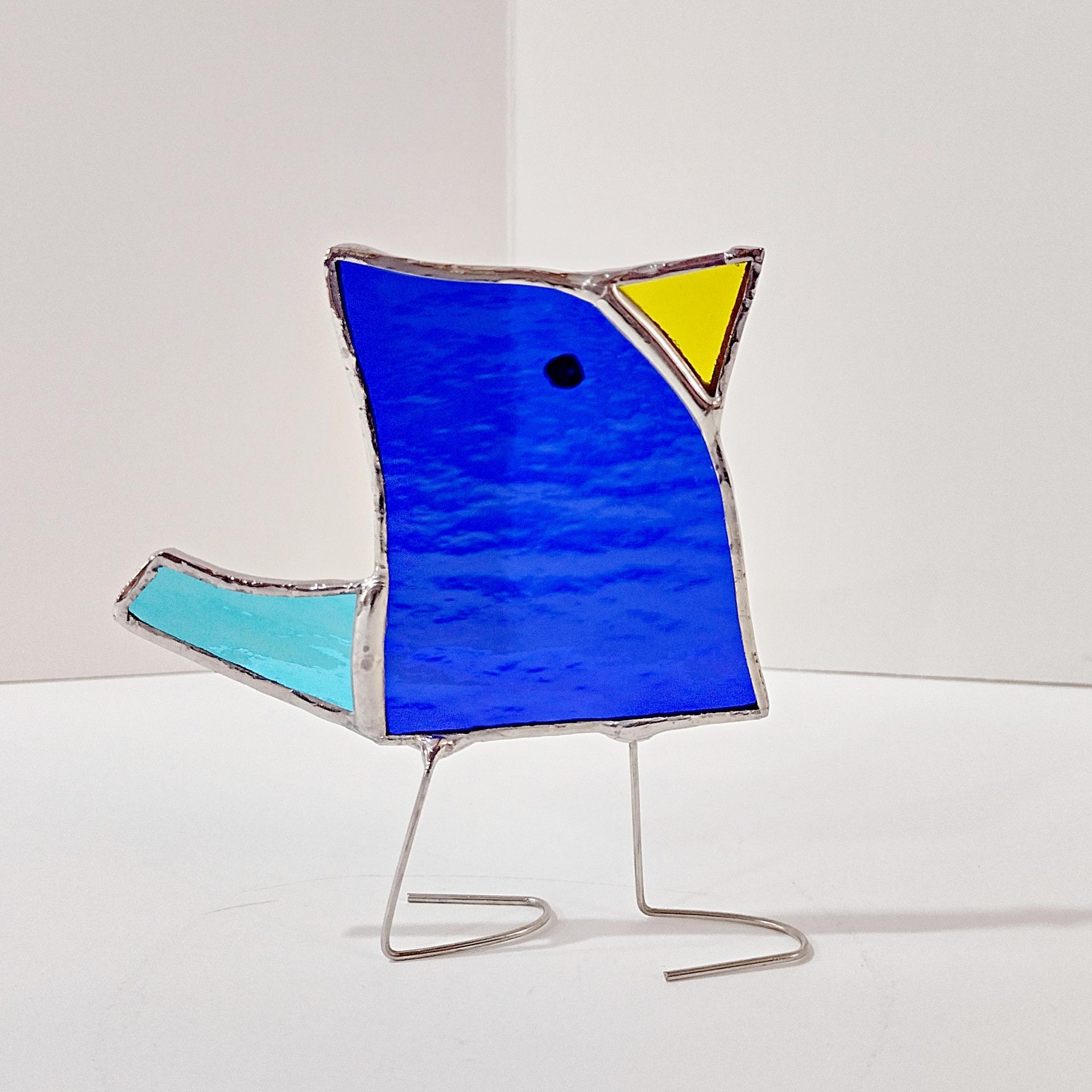 Stained Glass Standing Bird, Funky Blue Glass Bird Suncatcher, Bird Lover Gift