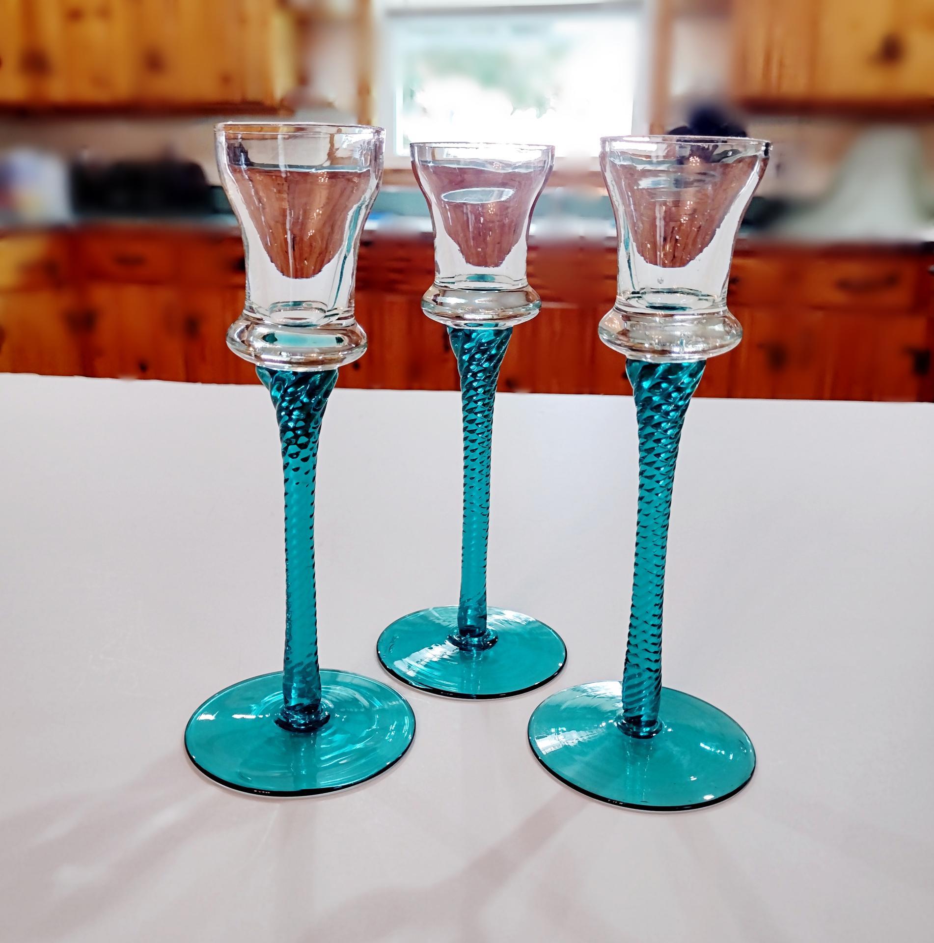 Vintage Blue Blown Glass Tall Candle Holders, Set of 3