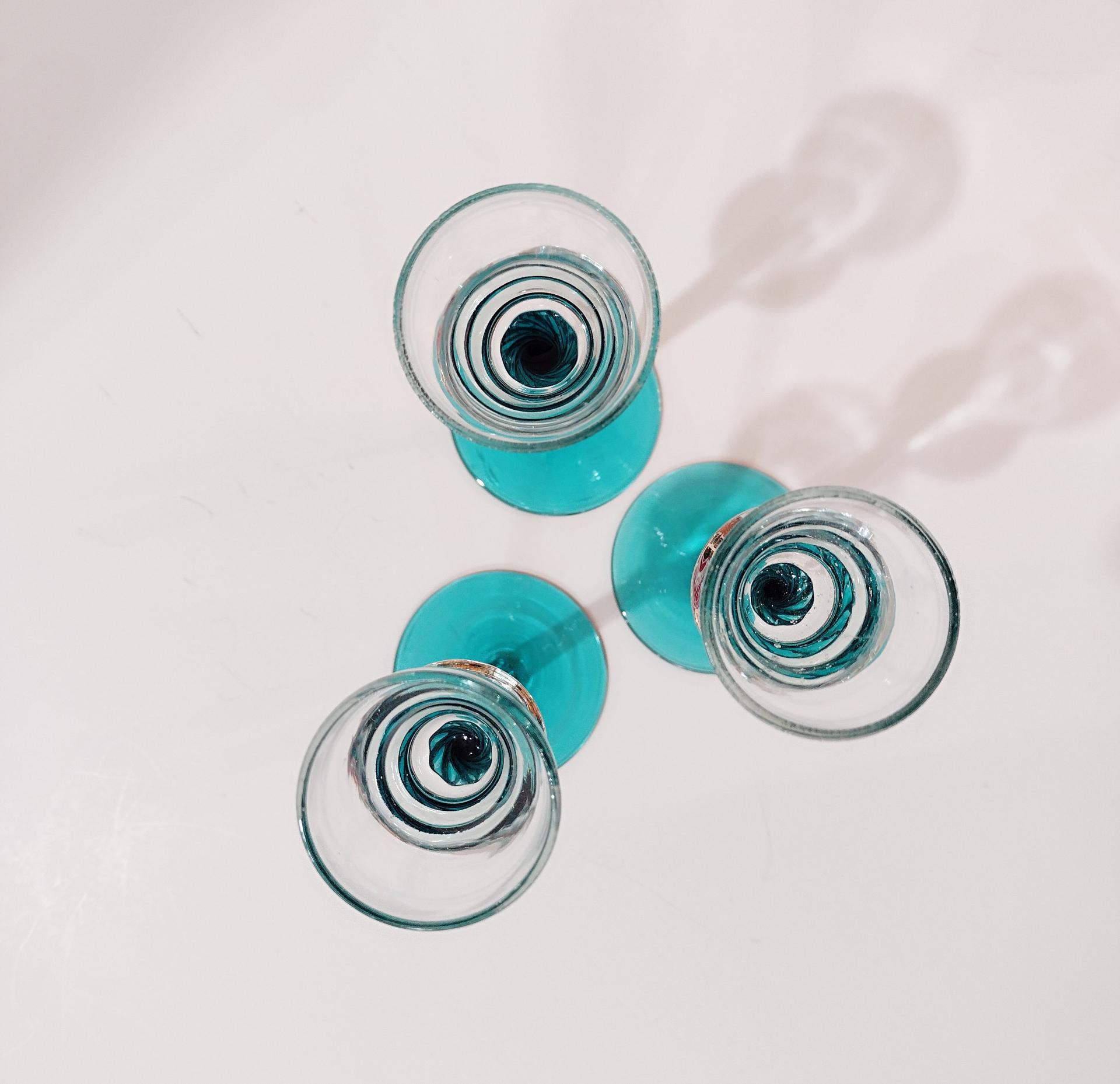Vintage Blue Blown Glass Tall Candle Holders, Set of 3