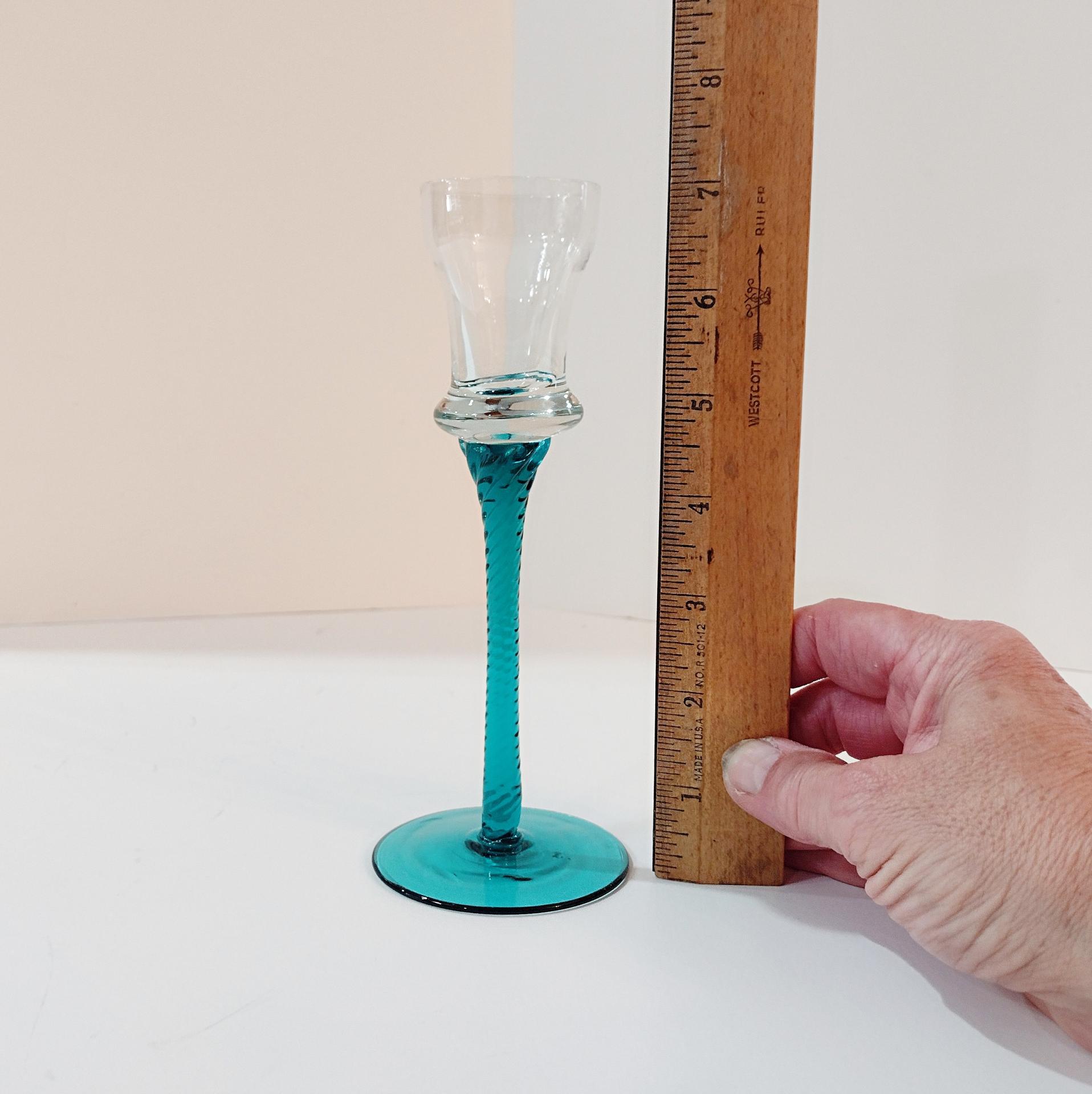 Vintage Blue Blown Glass Tall Candle Holders, Set of 3