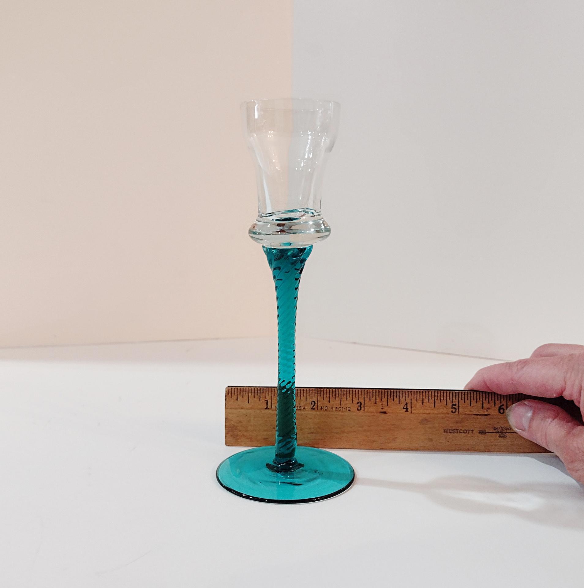 Vintage Blue Blown Glass Tall Candle Holders, Set of 3