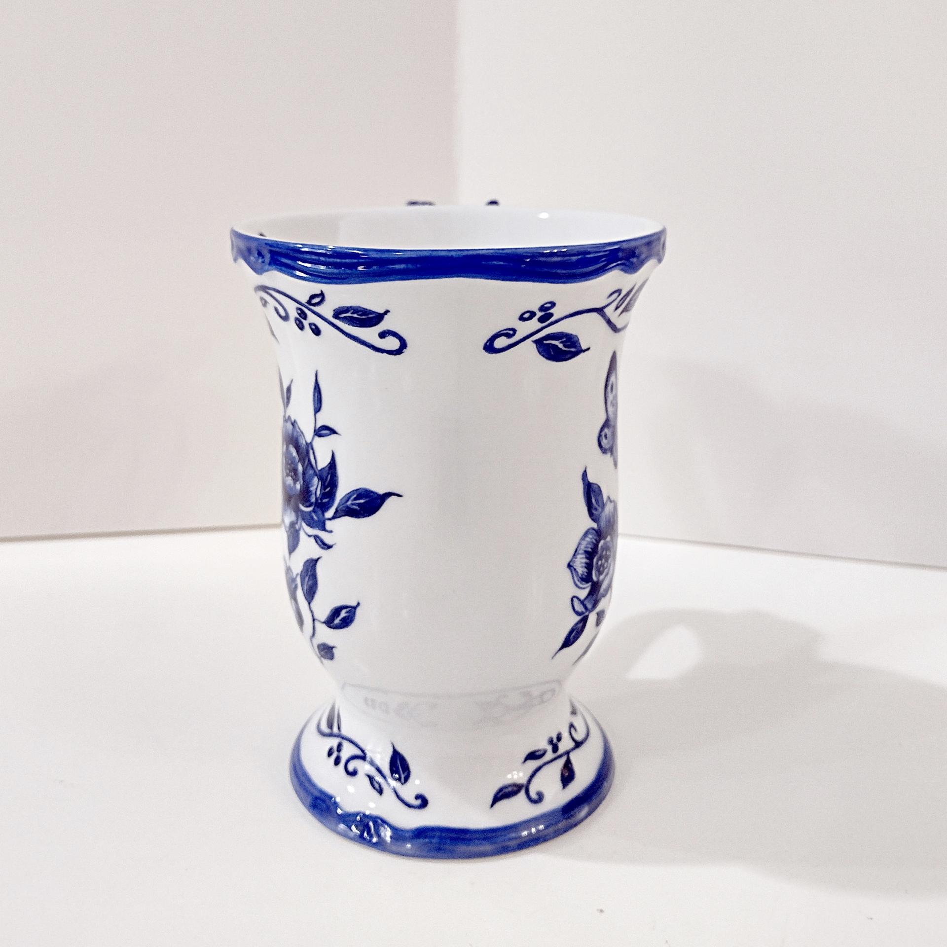 Vintage Cracker Barrel Blue Bliss Butterfly Floral Coffee Tea Mug, Blue White Toile Mug