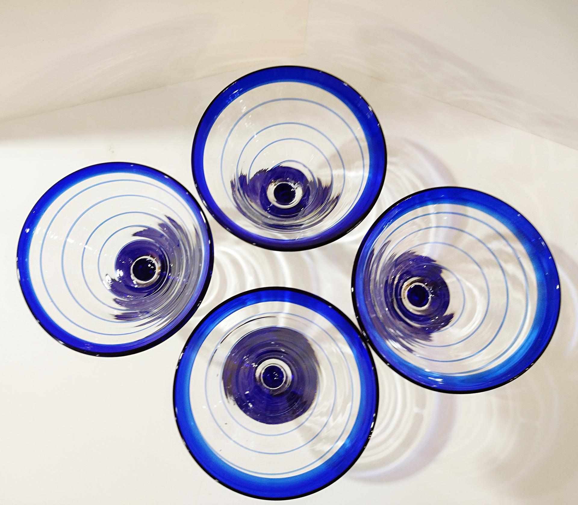 Vintage Hand Blown Margarita / Martini Glasses, Set of Four, Blue and Clear Swirled Glasses