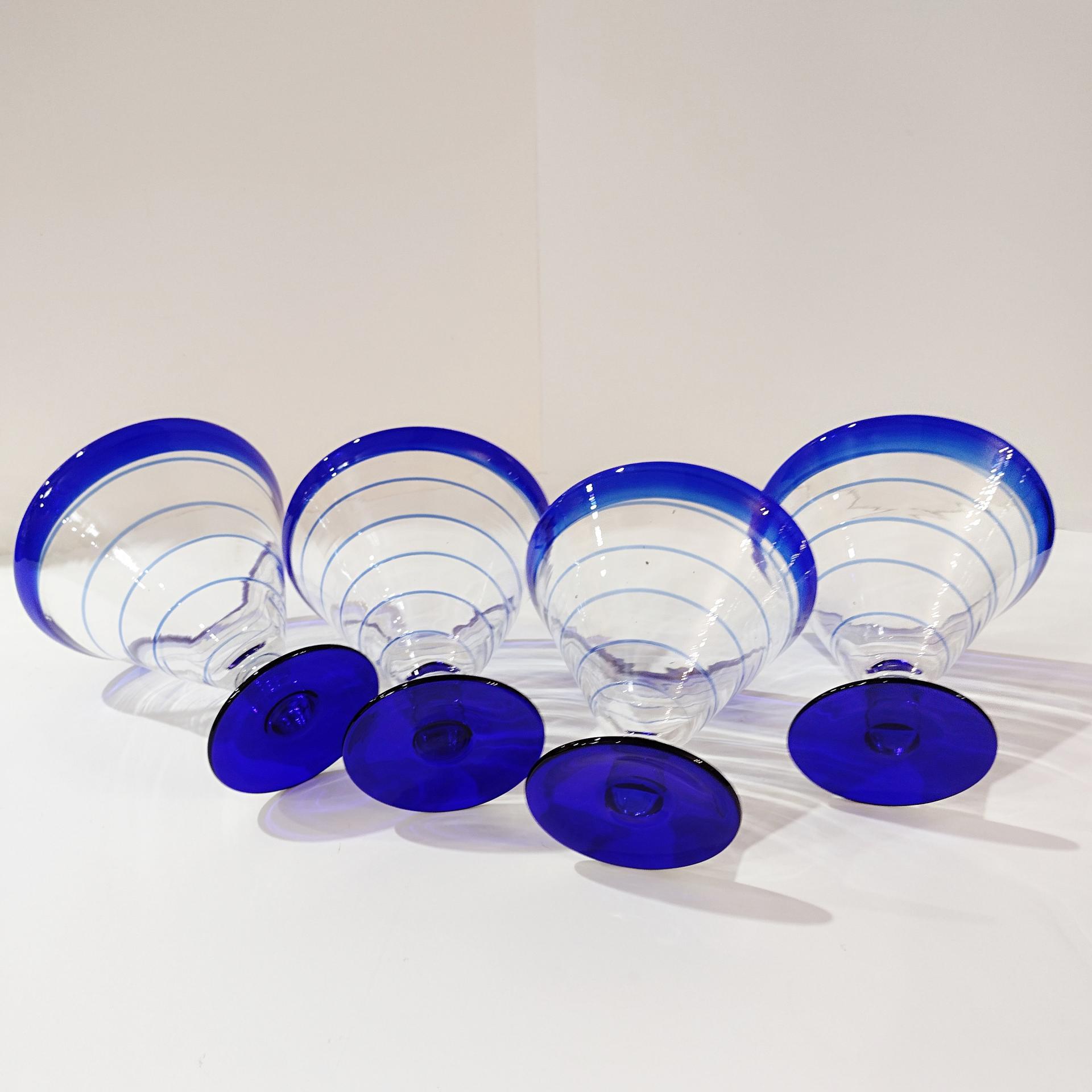 Vintage Hand Blown Margarita / Martini Glasses, Set of Four, Blue and Clear Swirled Glasses