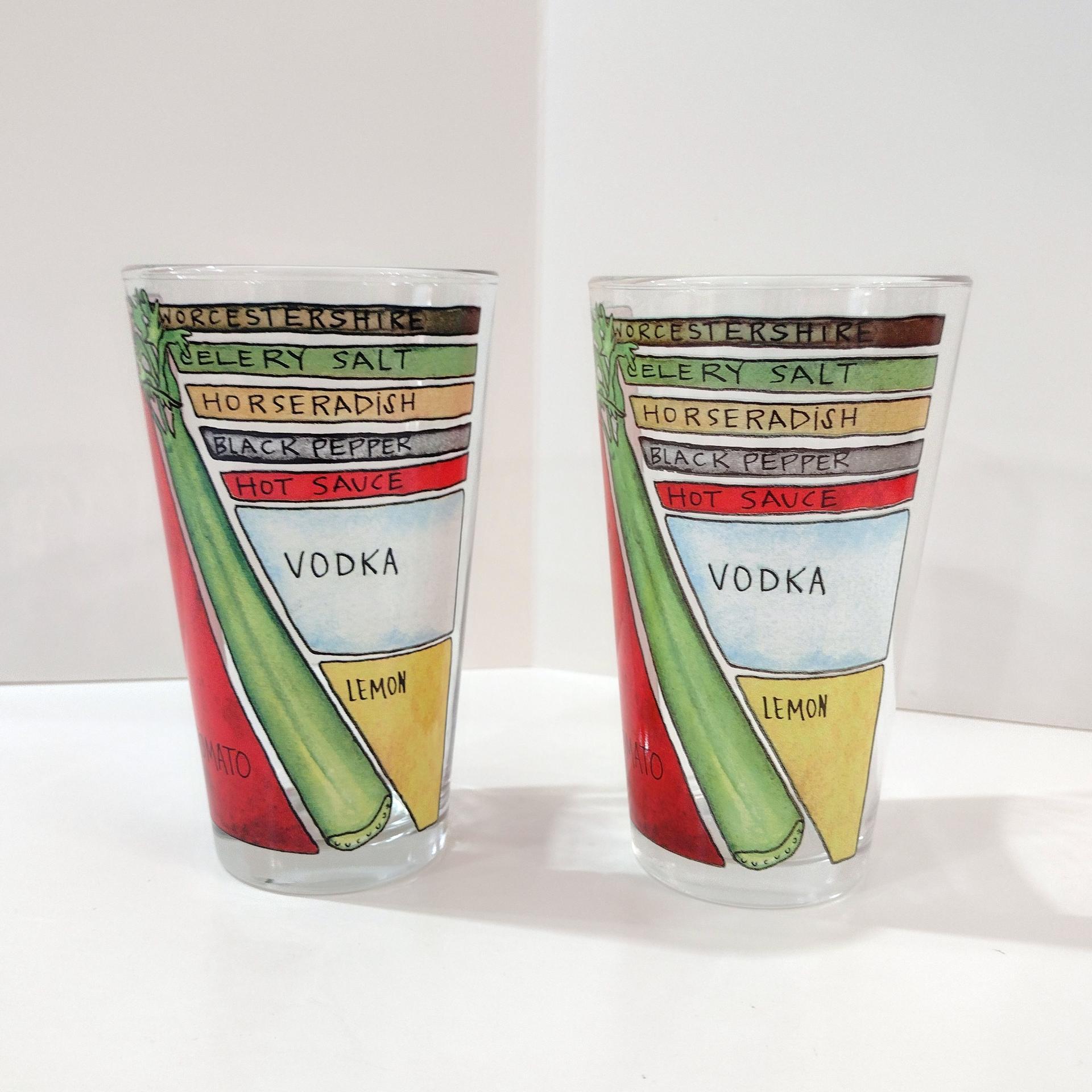 Vintage Bloody Mary Recipe Pint Glasses Tumblers, Set of Two
