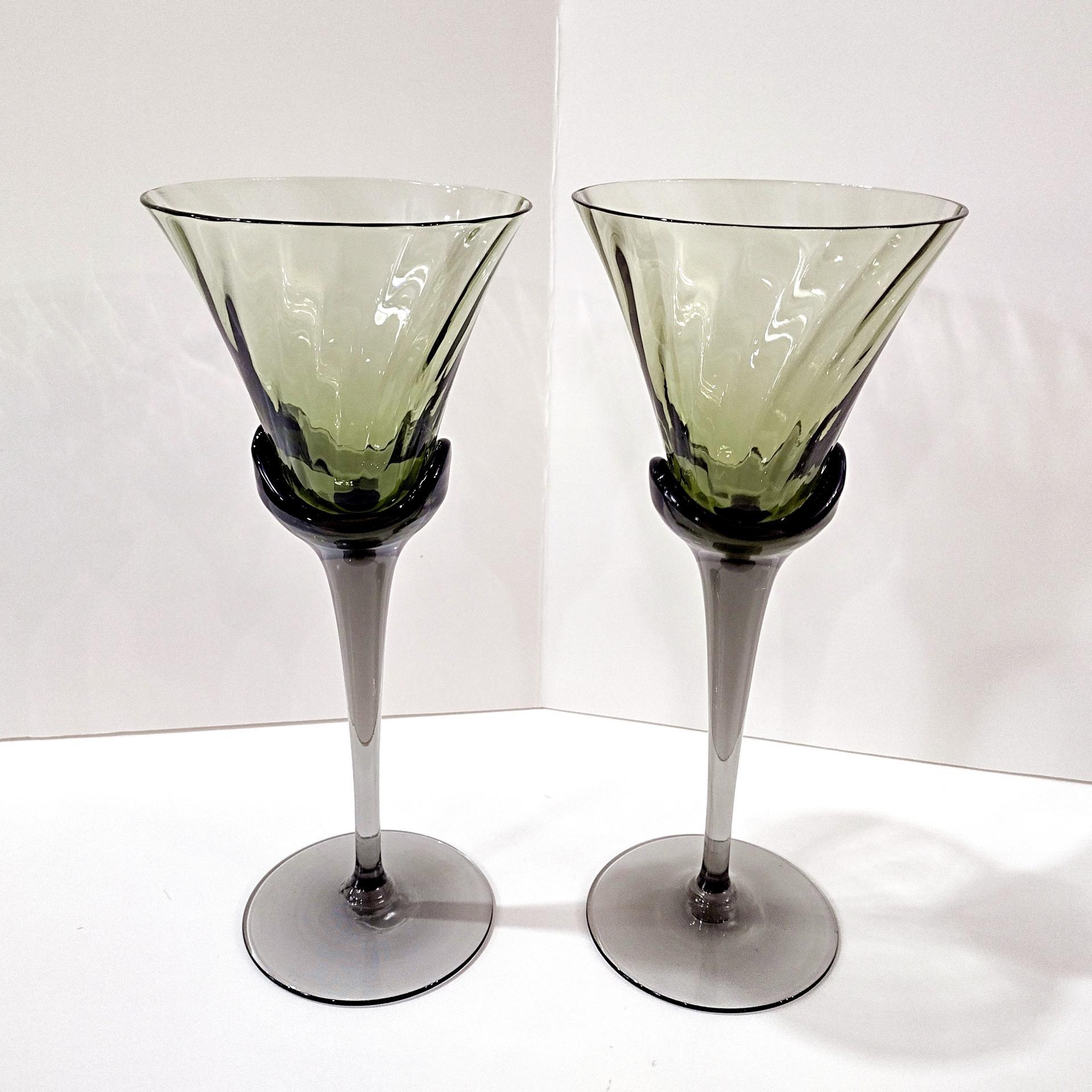 Vintage Mikasa Blossom Sage Green Wine Water Glasses, Set of Two, Green Blown Glass Tall Goblets