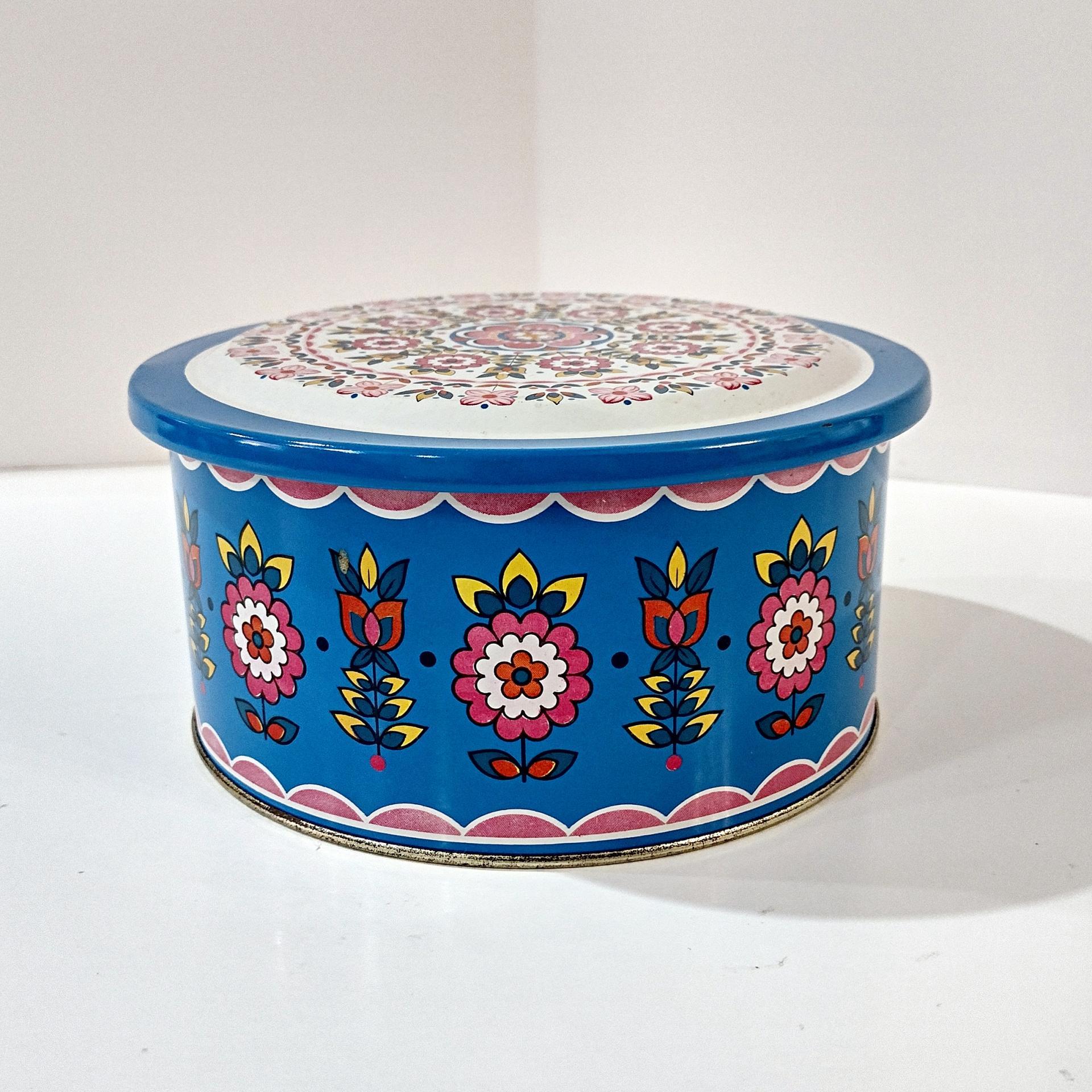 Vintage Blue and Pink Mosaic Mandala Flowers Round Metal Tin Storage Container, Brazilian Floral Gift Tin