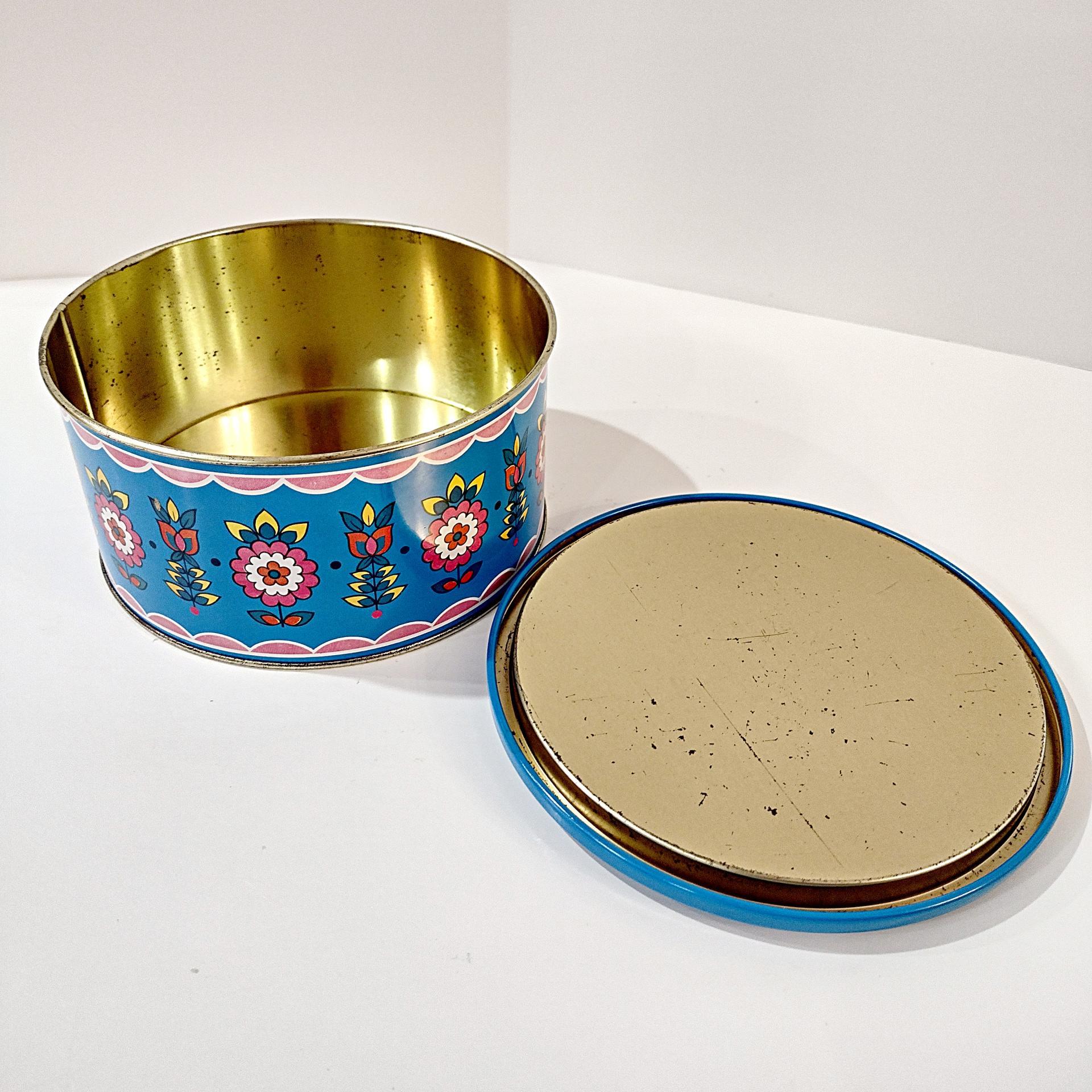 Vintage Blue and Pink Mosaic Mandala Flowers Round Metal Tin Storage Container, Brazilian Floral Gift Tin