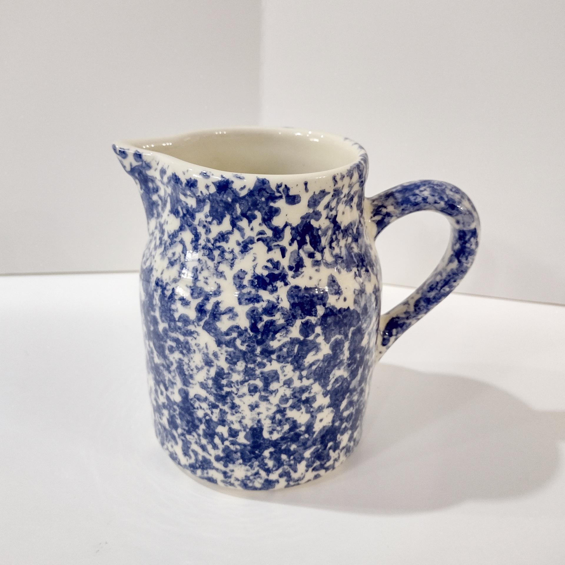 Vintage Blue Spongeware Small Pitcher Vase, Workshops of Gerald E Henn Pottery, Roseville Spongeware Pottery