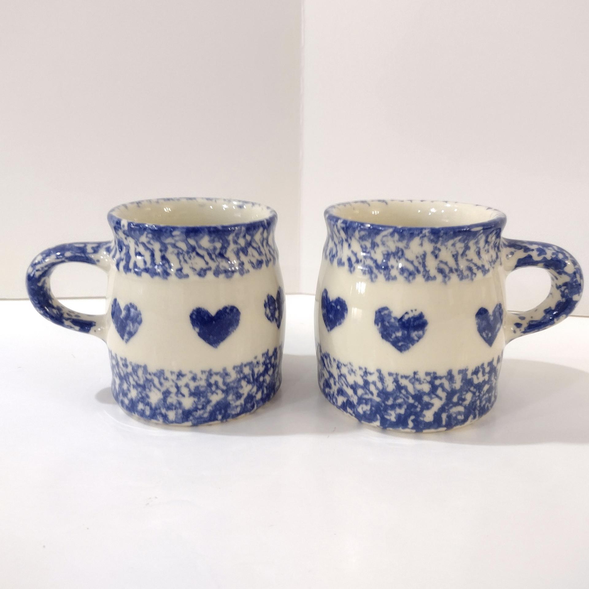 Vintage Blue Spongeware Coffee Tea Mugs, Set of Two, Workshops of Gerald E Henn Pottery, Roseville Spongeware Pottery