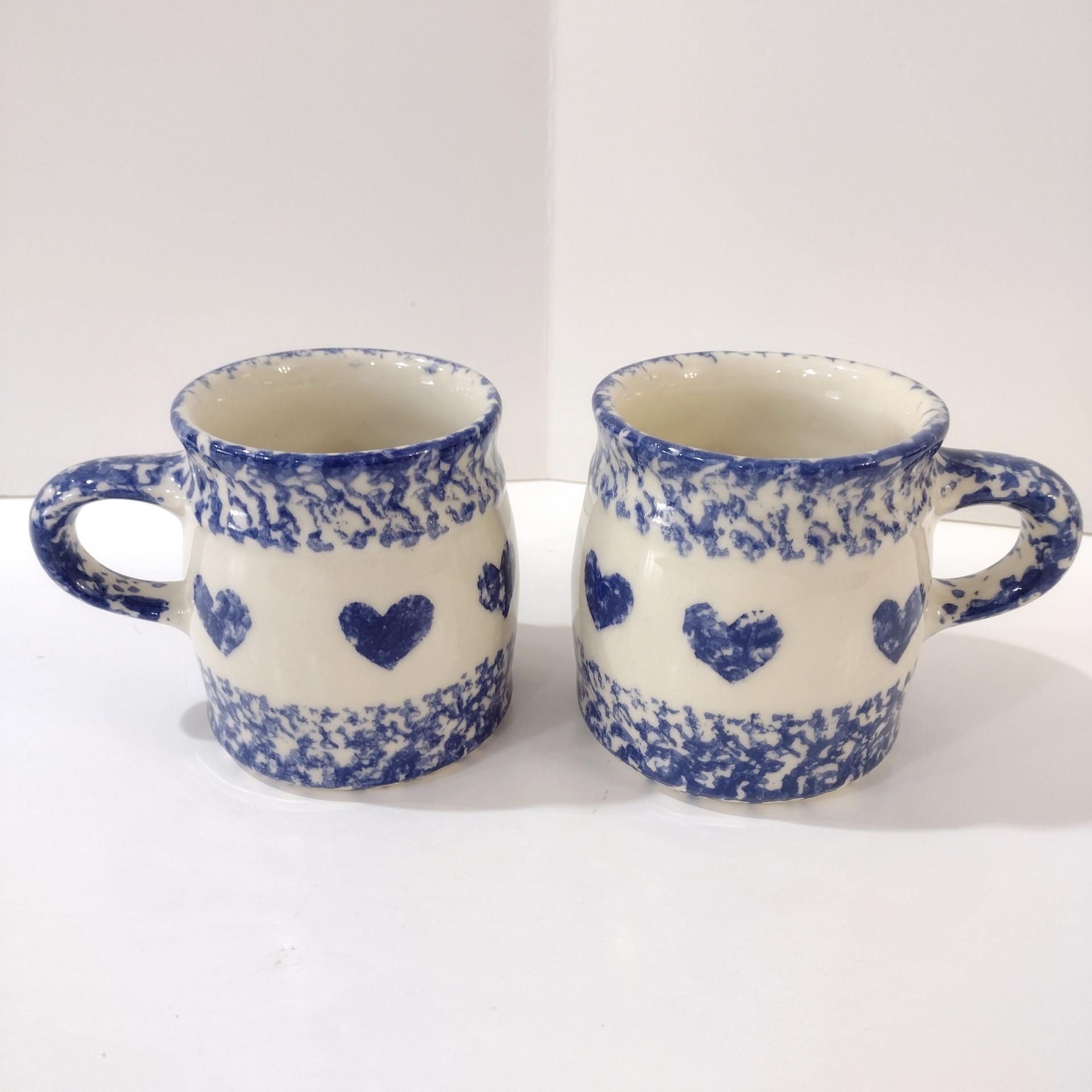 Vintage Blue Spongeware Coffee Tea Mugs, Set of Two, Workshops of Gerald E Henn Pottery, Roseville Spongeware Pottery